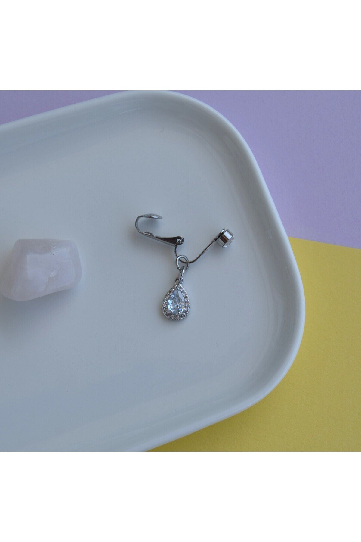 Deliksiz Zirkon Damla Sallantılı Sıkıştırma Klipsli Göbek Piercingi Belly Piercing