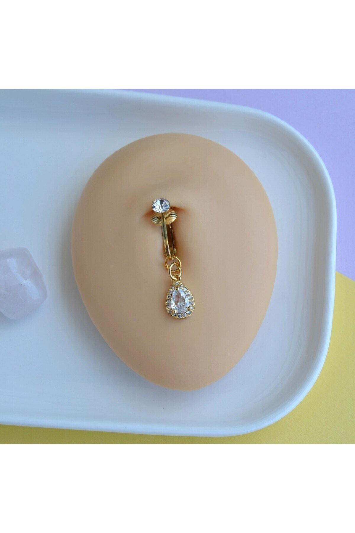 Deliksiz Zirkon Damla Sallantılı Sıkıştırma Klipsli Göbek Piercingi Belly Piercing