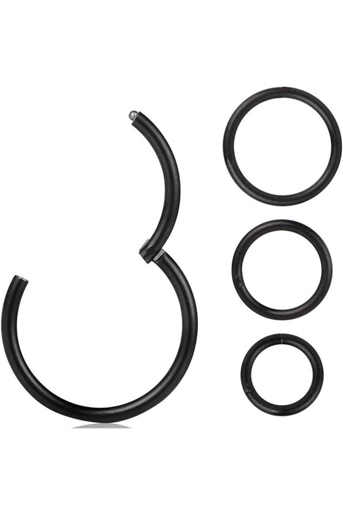 Düz Siyah Renk Halka Cerrahi Çelik Piercing Takımı 3'lü Set