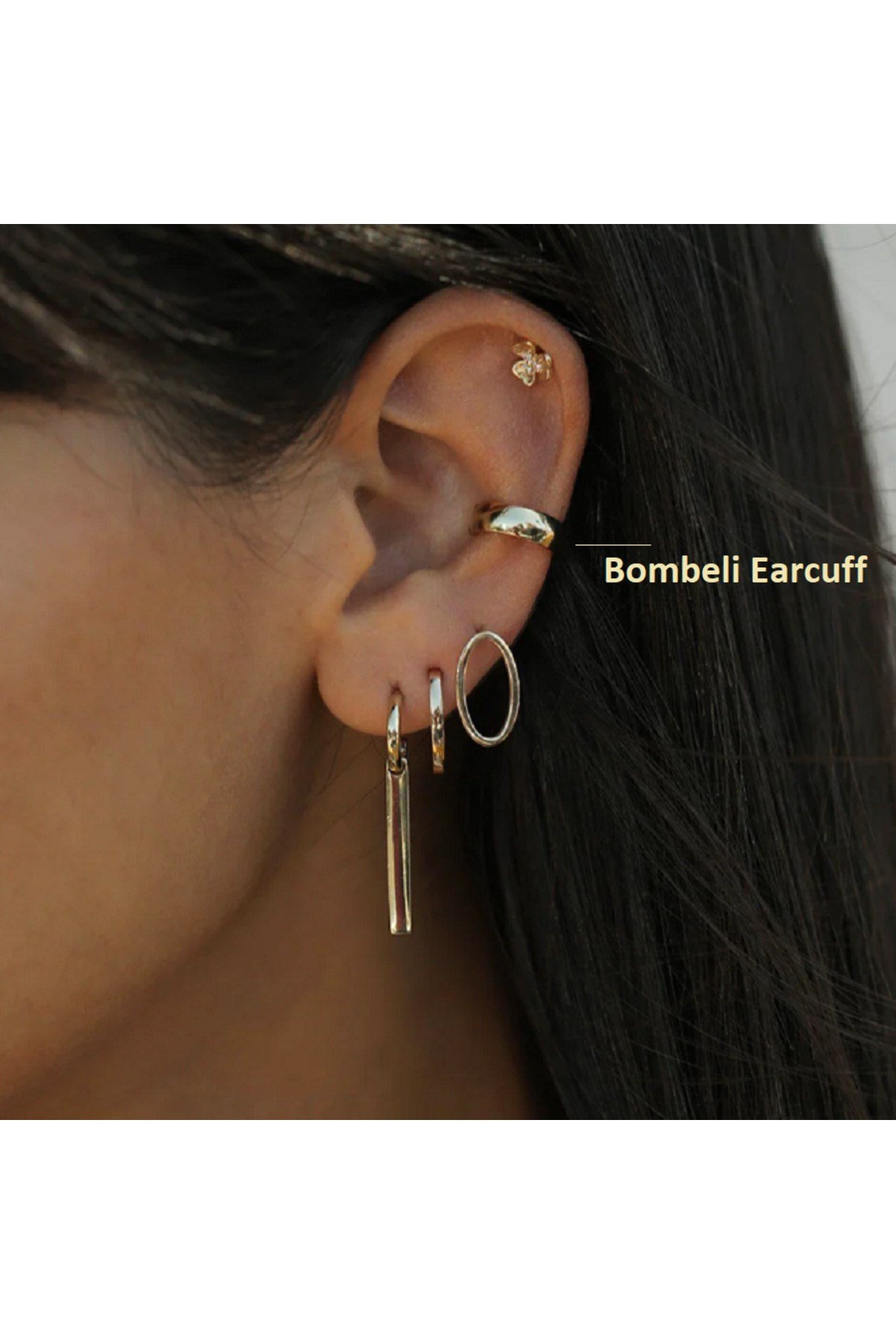 Gold Bombeli Düz Earcuff Sıkıştırma Kıkırdak Küpe