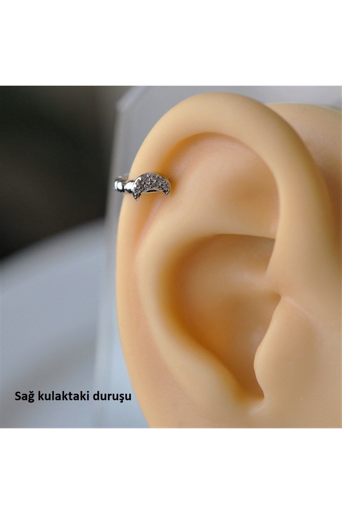 Gümüş Renk Cerrahi Çelik Ay Modelli Halka Tragus Piercing Helix Lob Kıkırdak