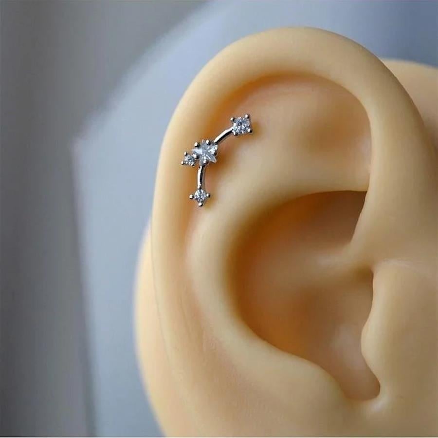 Gümüş Renk Cerrahi Çelik Taşlı Mini Yıldızlar Helix Piercing Lob Kıkırdak Tragus