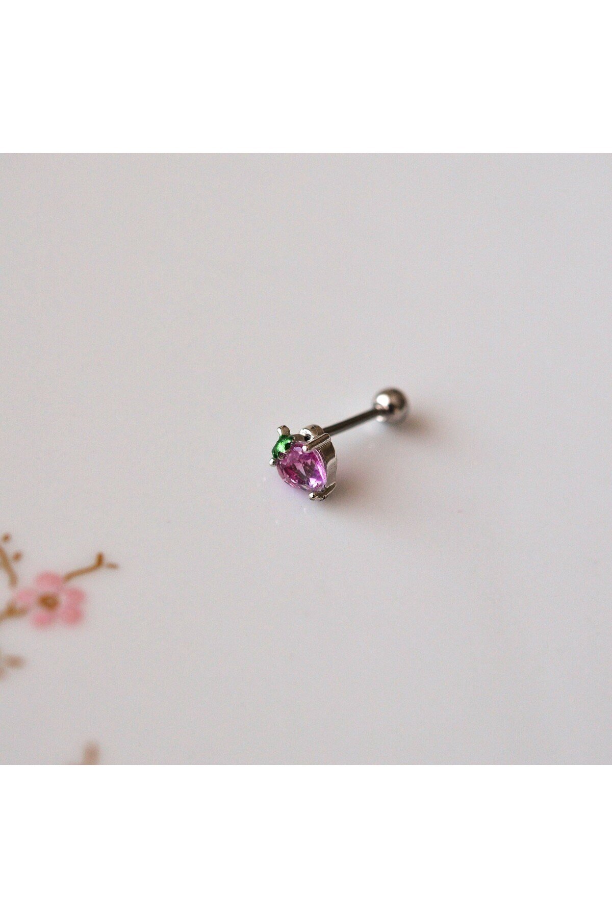 Gümüş Renkli Cerrahi Çelik Pembe Çilek Piercing Helix Lob Kıkırdak Tragus
