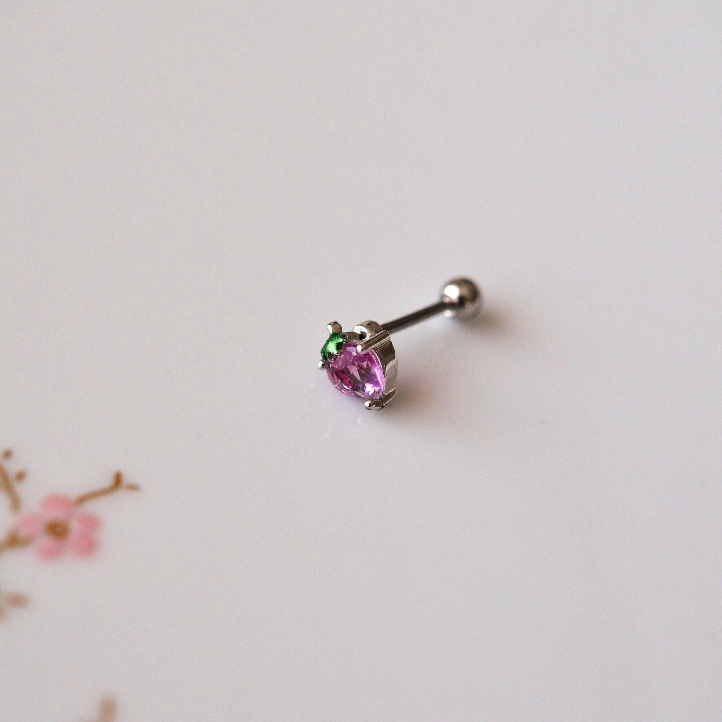 Gümüş Renkli Cerrahi Çelik Pembe Çilek Piercing Helix Lob Kıkırdak Tragus