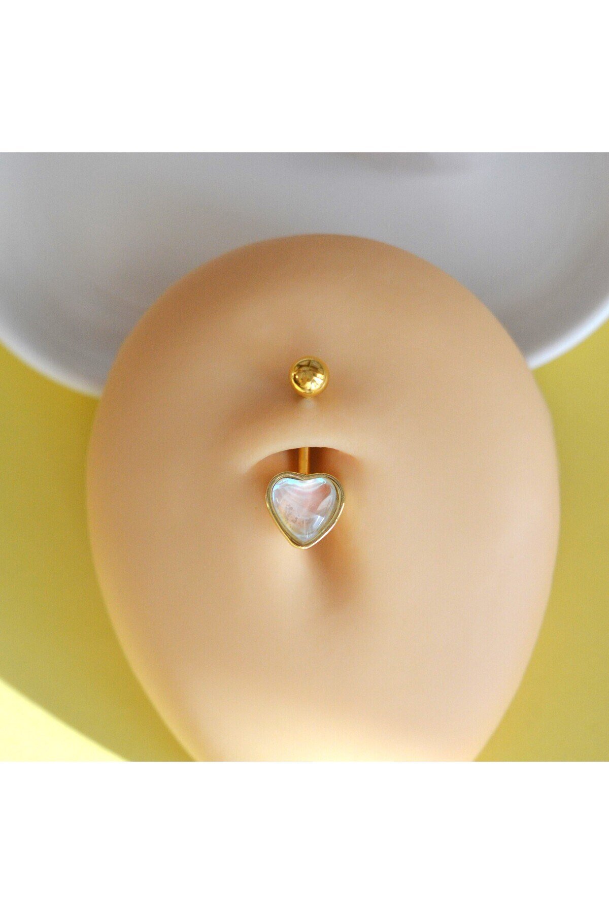 Hologram Yansımalı 316 L Çelik Gold Kalp Model Göbek Piercingi Gold Minimal