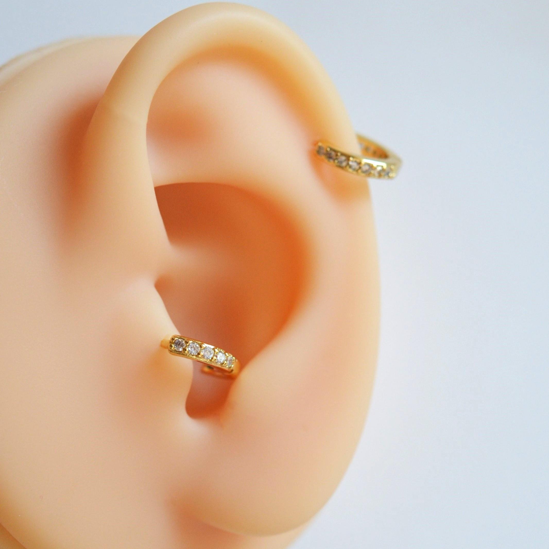 İki Parça Gold Taşlı Halka Piercing Tragus Helix Forward Helix Kıkırdak (6 mm ve 8 mm)