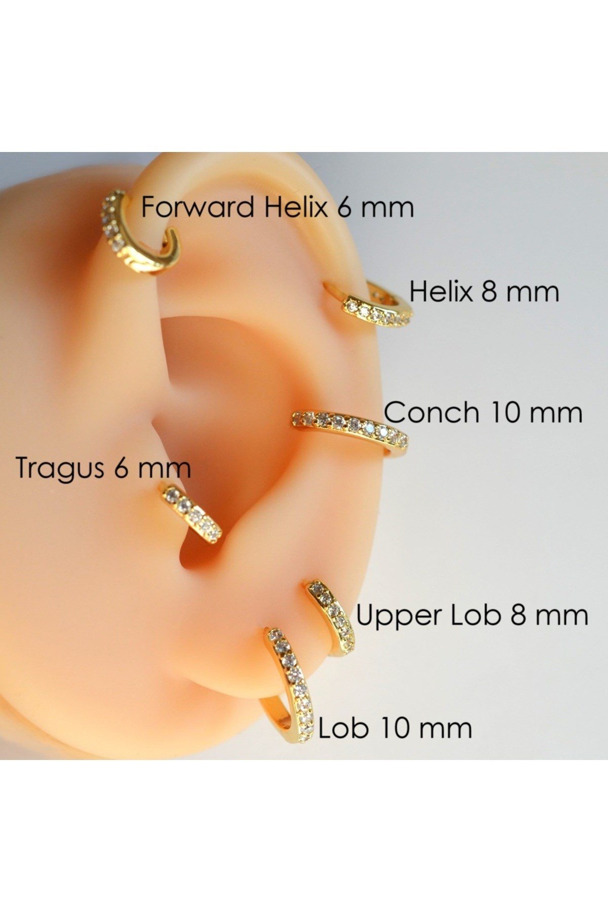 İki Parça Gold Taşlı Halka Piercing Tragus Helix Forward Helix Kıkırdak (6 mm ve 8 mm)