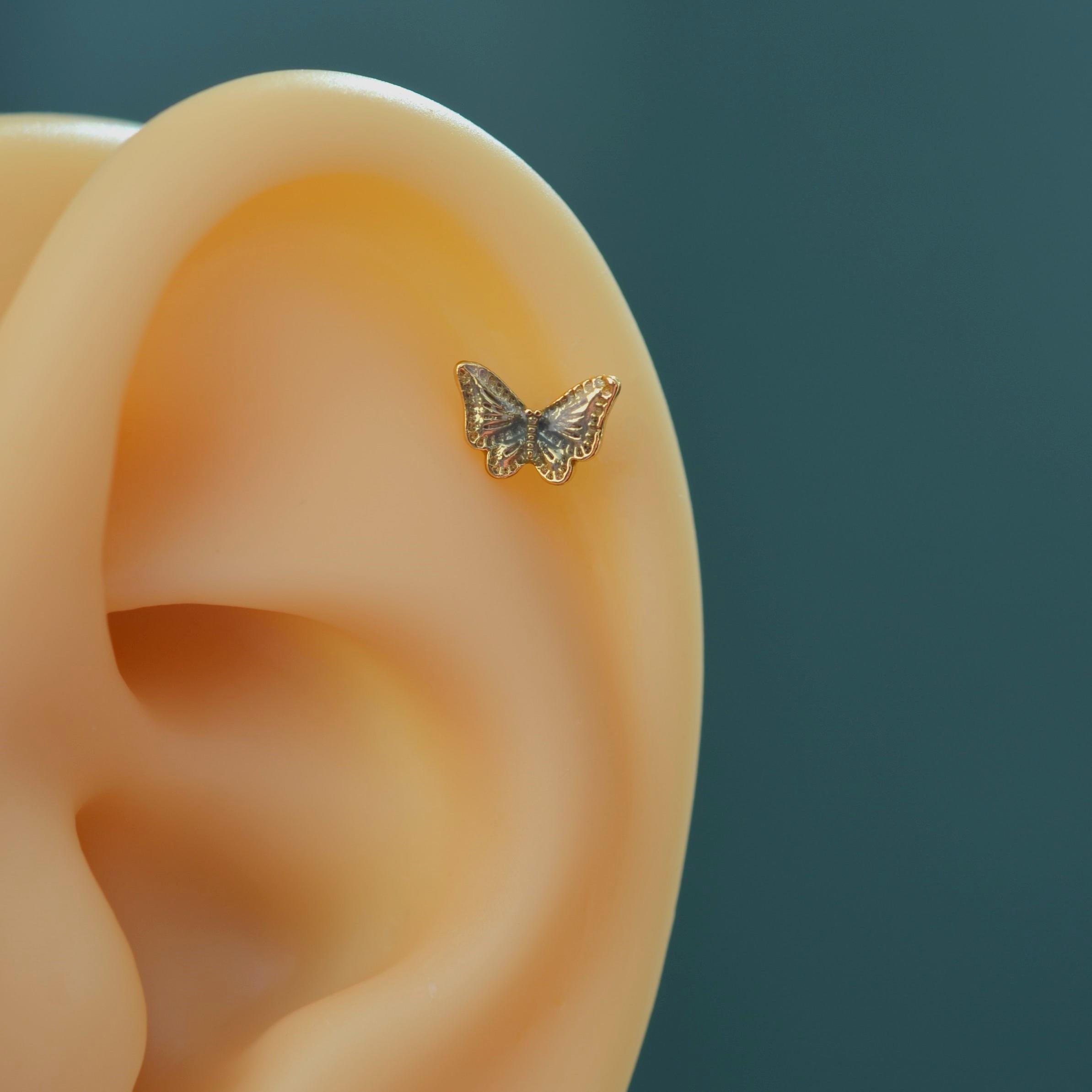 Lacivert Kelebekli Çelik Piercing Helix Kıkırdak Conch Lob Gold
