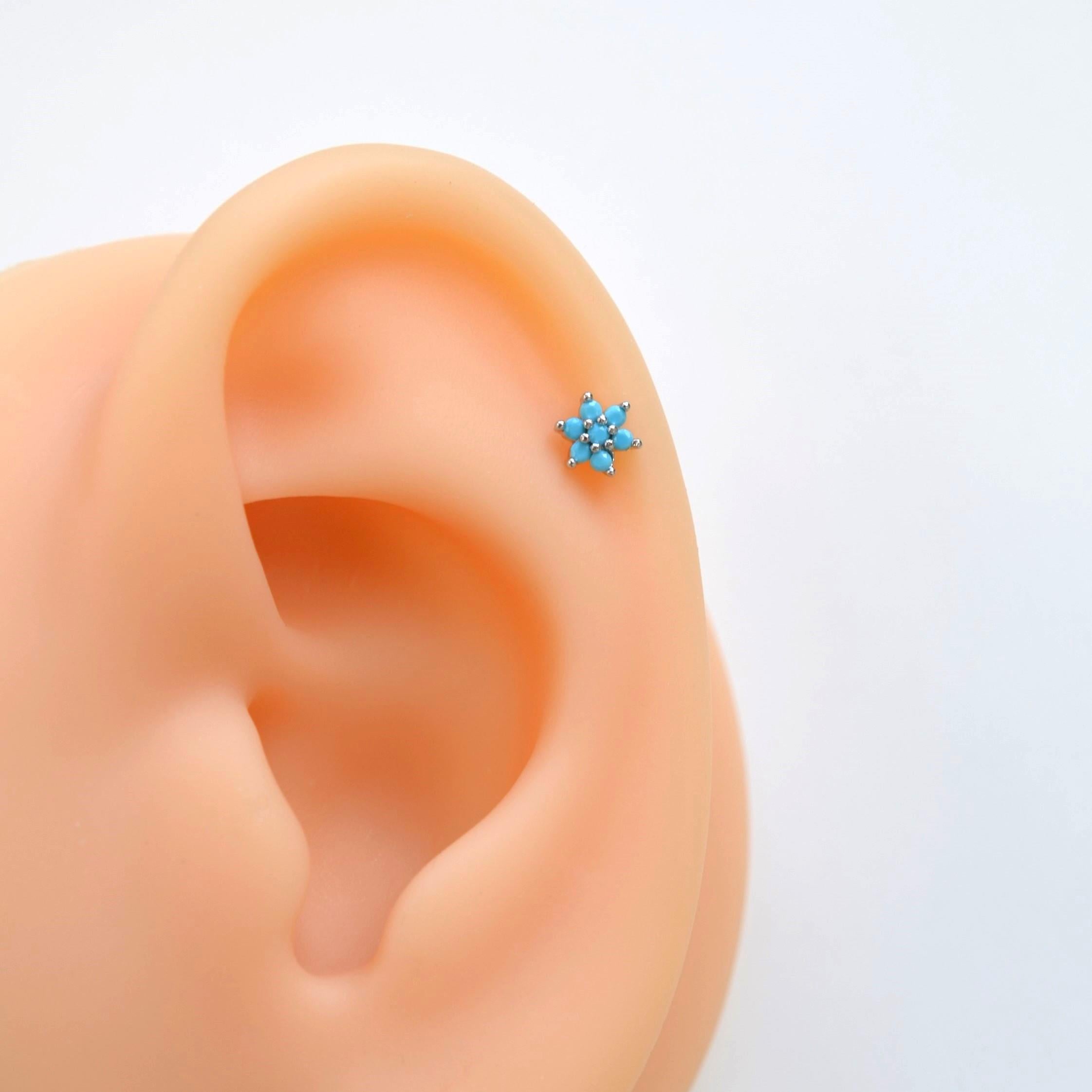 Mavi Çiçek Kıkırdak Piercing Helix Lob Çiçekli Piercing