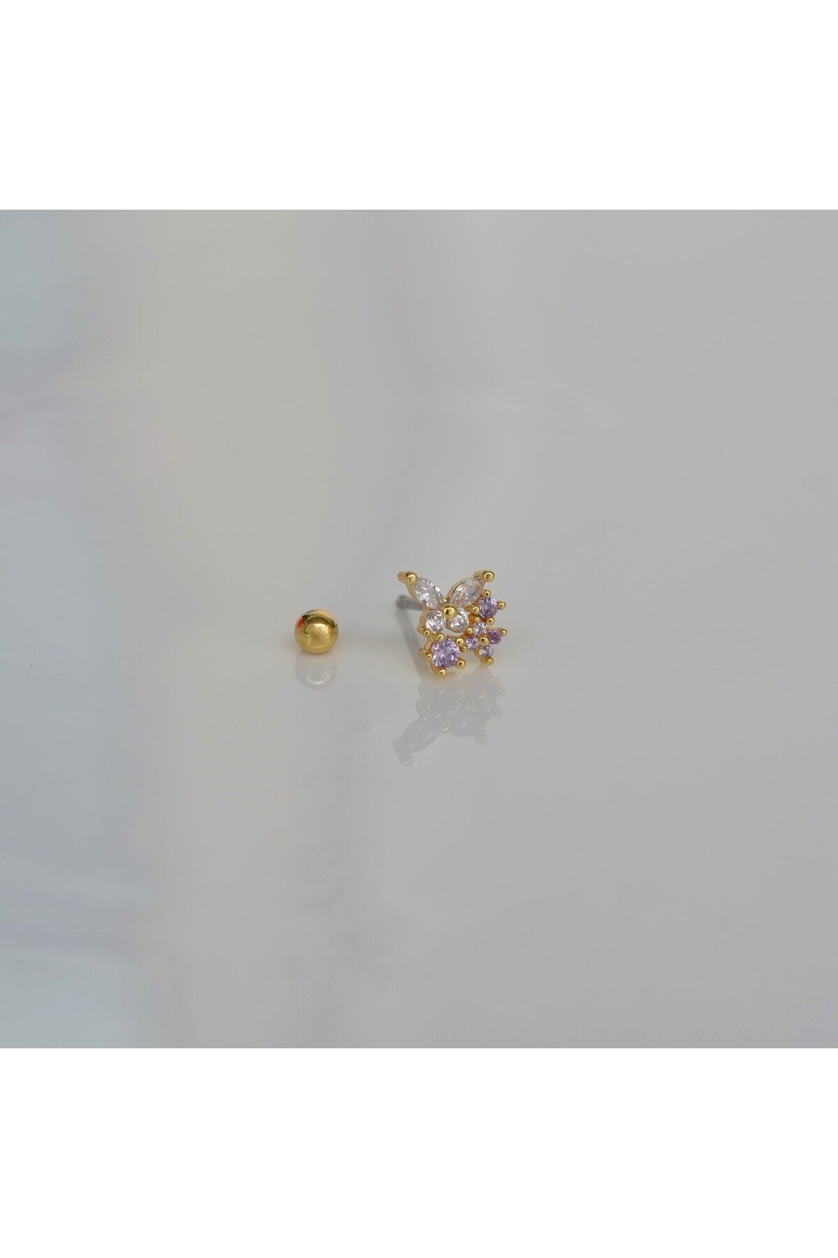 Mini Çiçekli ve Kelebekli Tragus Helix Piercing Kıkırdak Gold