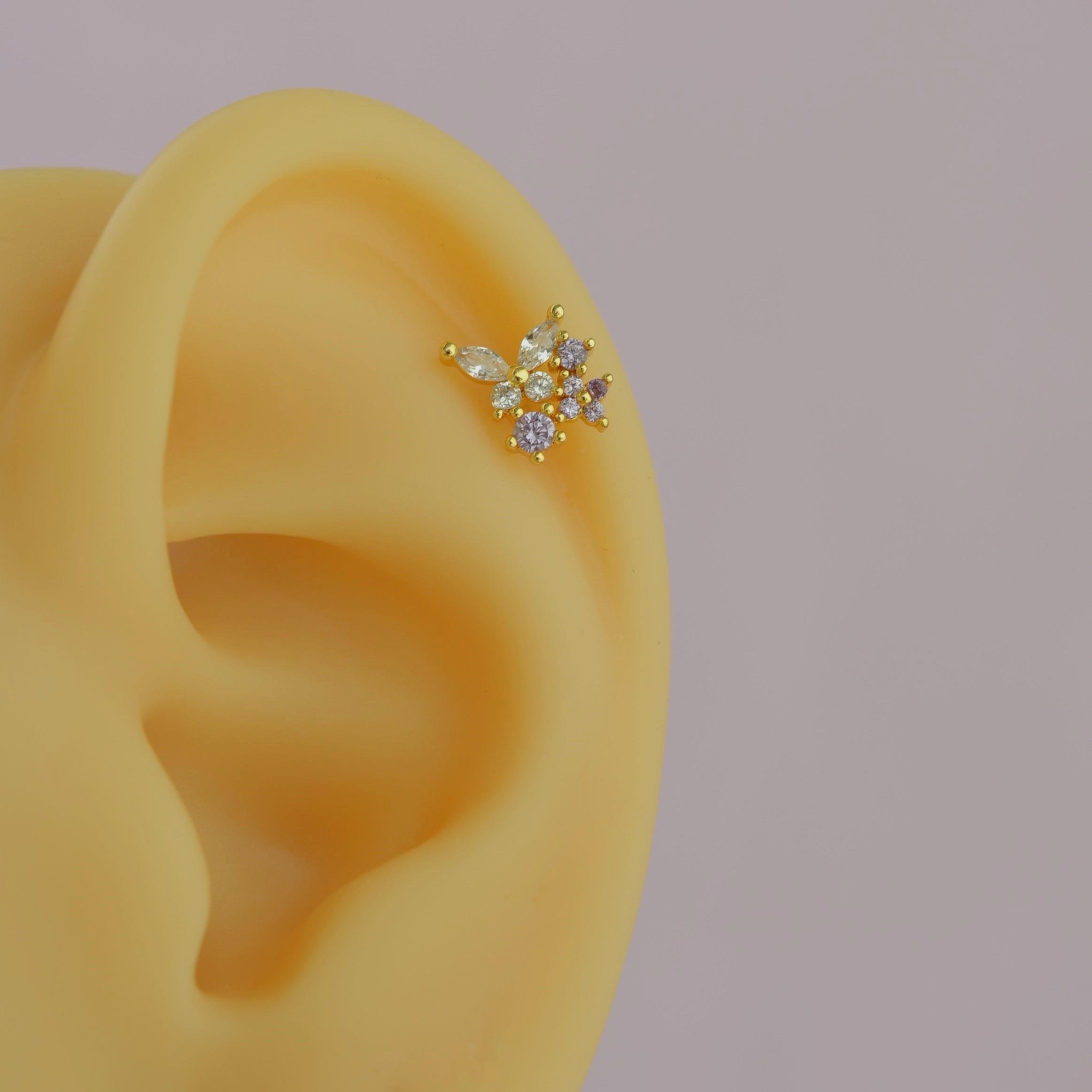 Mini Çiçekli ve Kelebekli Tragus Helix Piercing Kıkırdak Gold