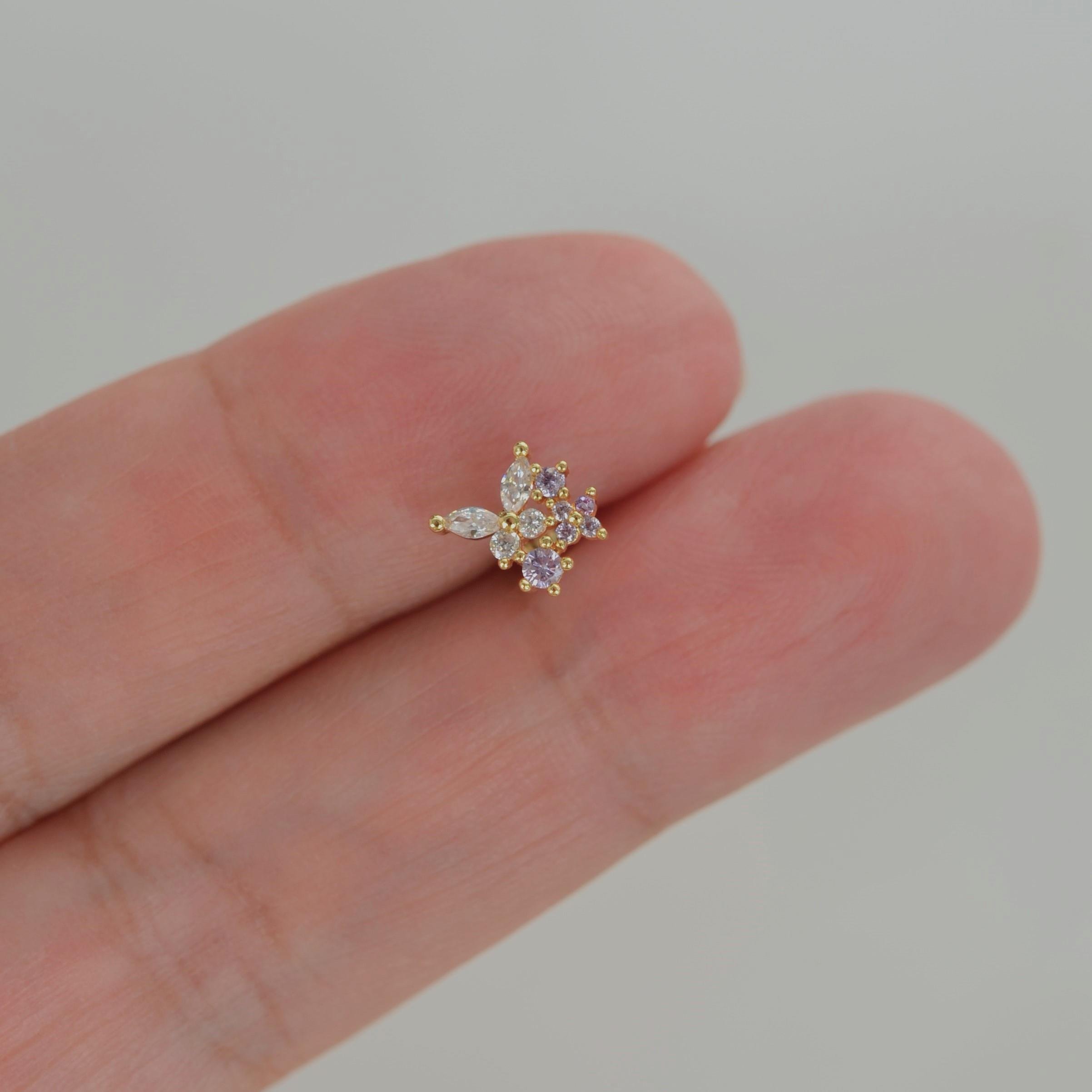 Mini Çiçekli ve Kelebekli Tragus Helix Piercing Kıkırdak Gold