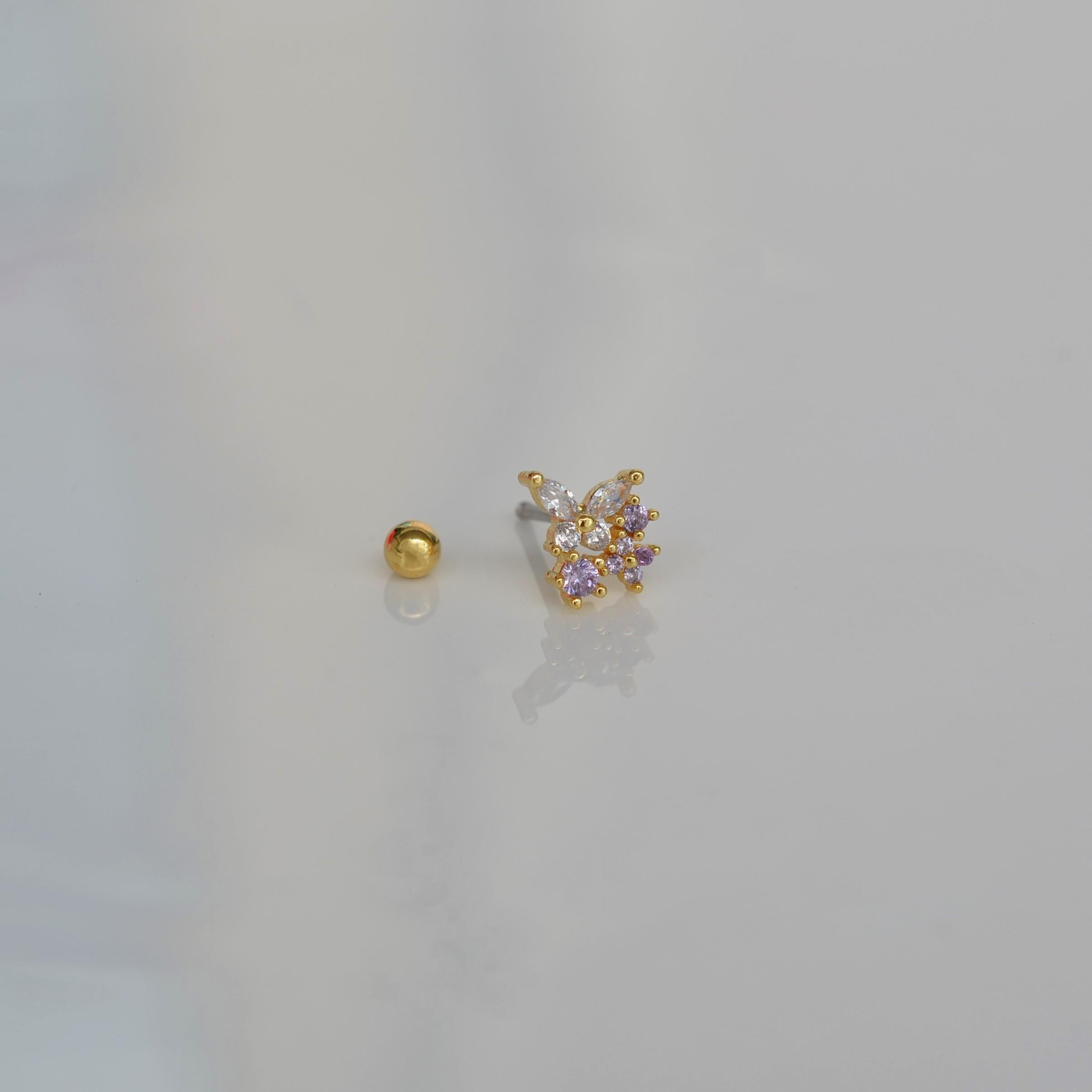 Mini Çiçekli ve Kelebekli Tragus Helix Piercing Kıkırdak Gold