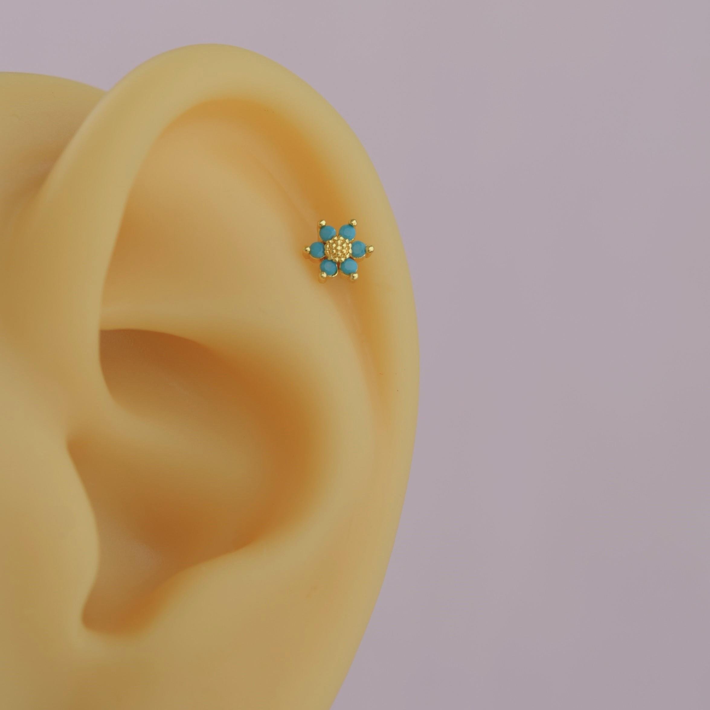 Mini Mavi Çiçekli Tragus Helix Piercing Kıkırdak Gold