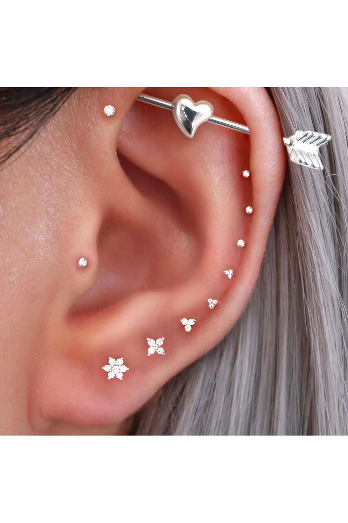 Mini Üçtaş Helix Piercing Helix Kıkırdak Tragus Conch Silver Renk Çelik Piercing Zirkon Taş