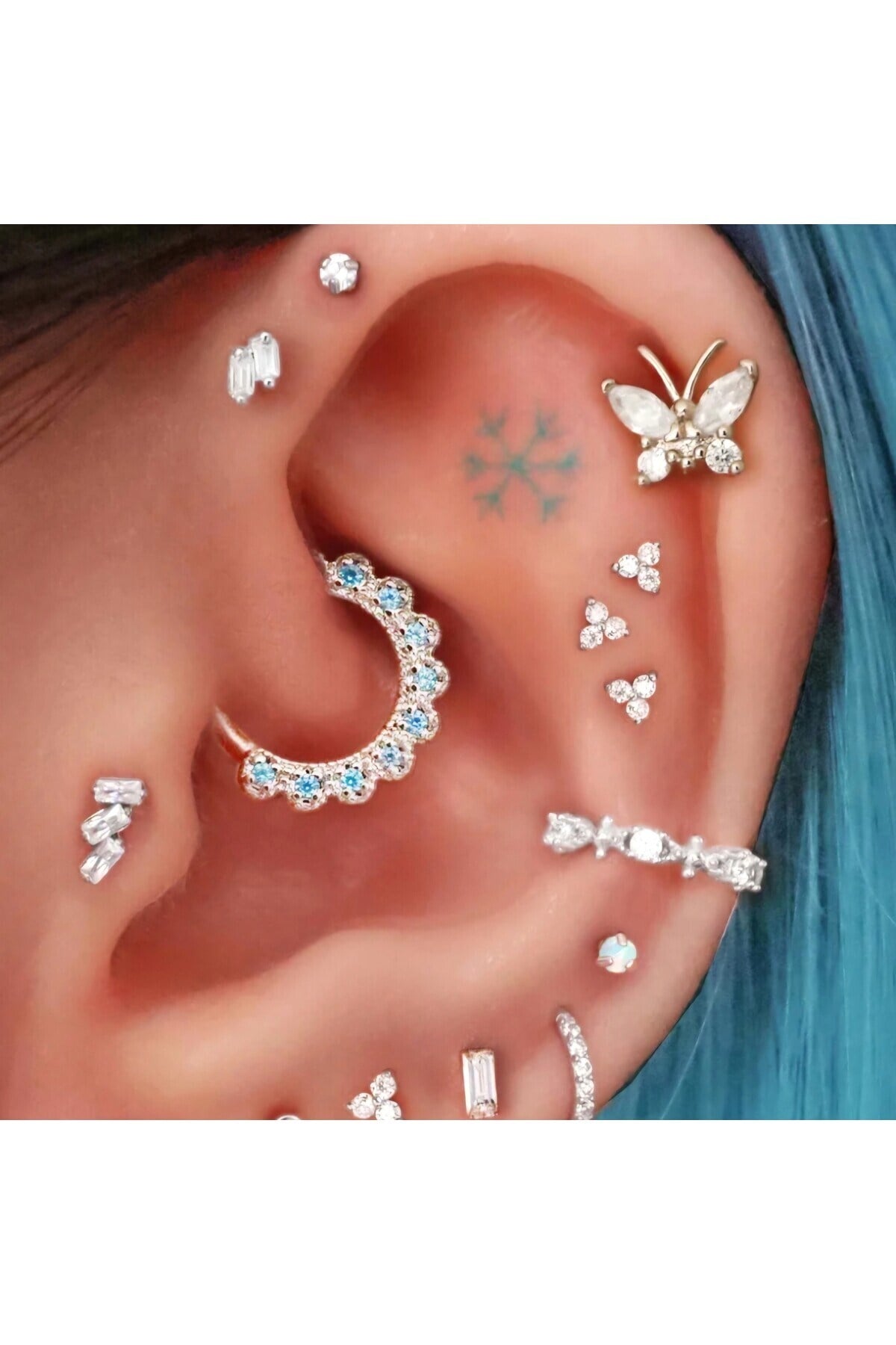 Mini Üçtaş Helix Piercing Helix Kıkırdak Tragus Conch Silver Renk Çelik Piercing Zirkon Taş