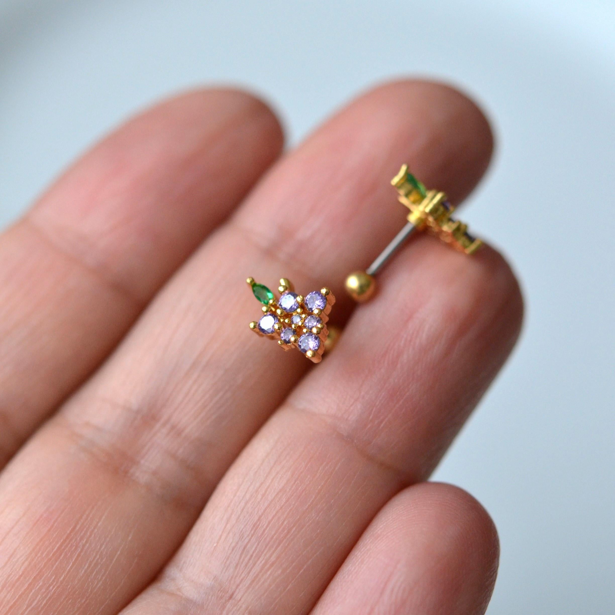 Mor Çiçekli Helix Piercing Kıkırdak Cerrahi Çelik Gold Renk
