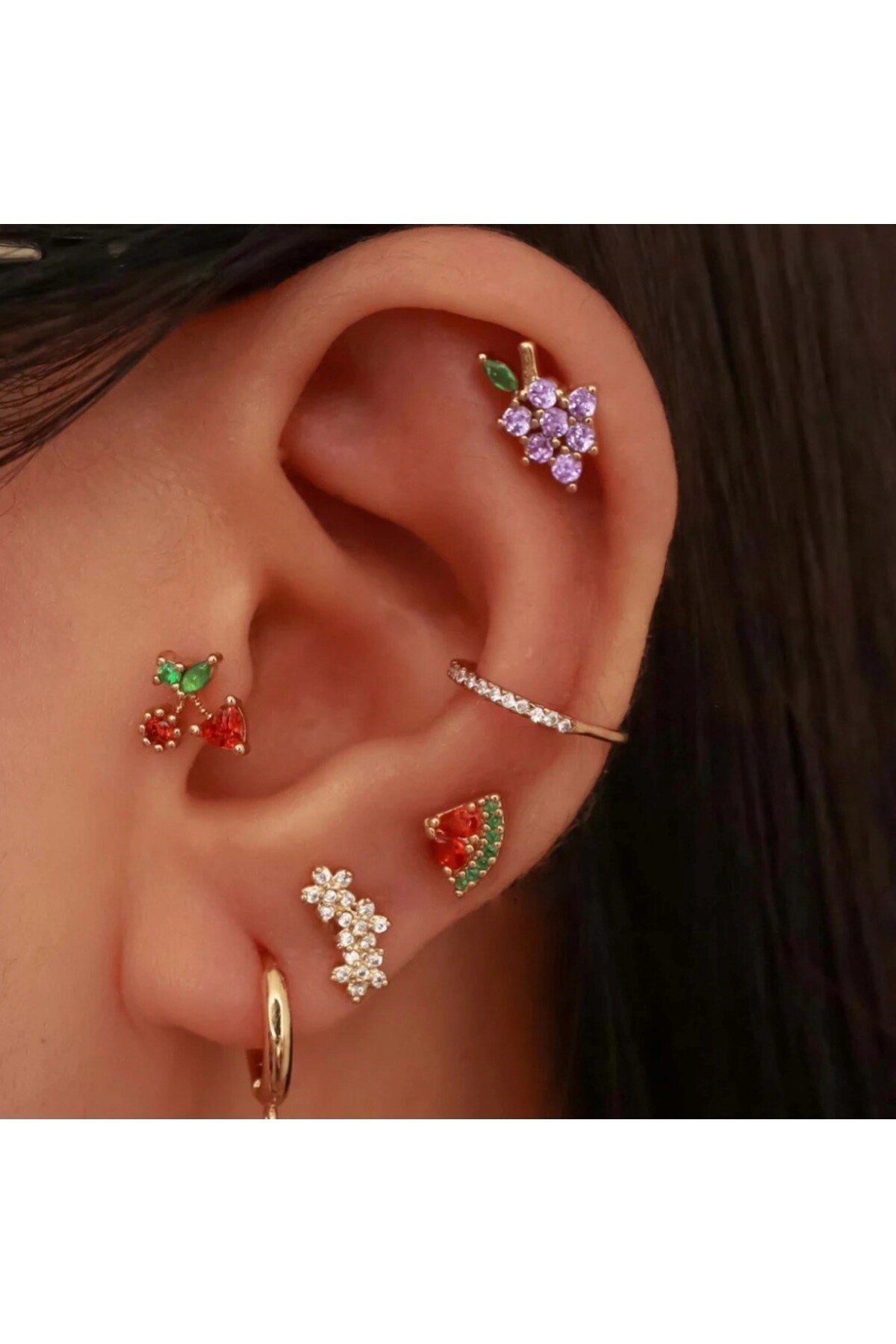 Mor Çiçekli Helix Piercing Kıkırdak Cerrahi Çelik Gold Renk