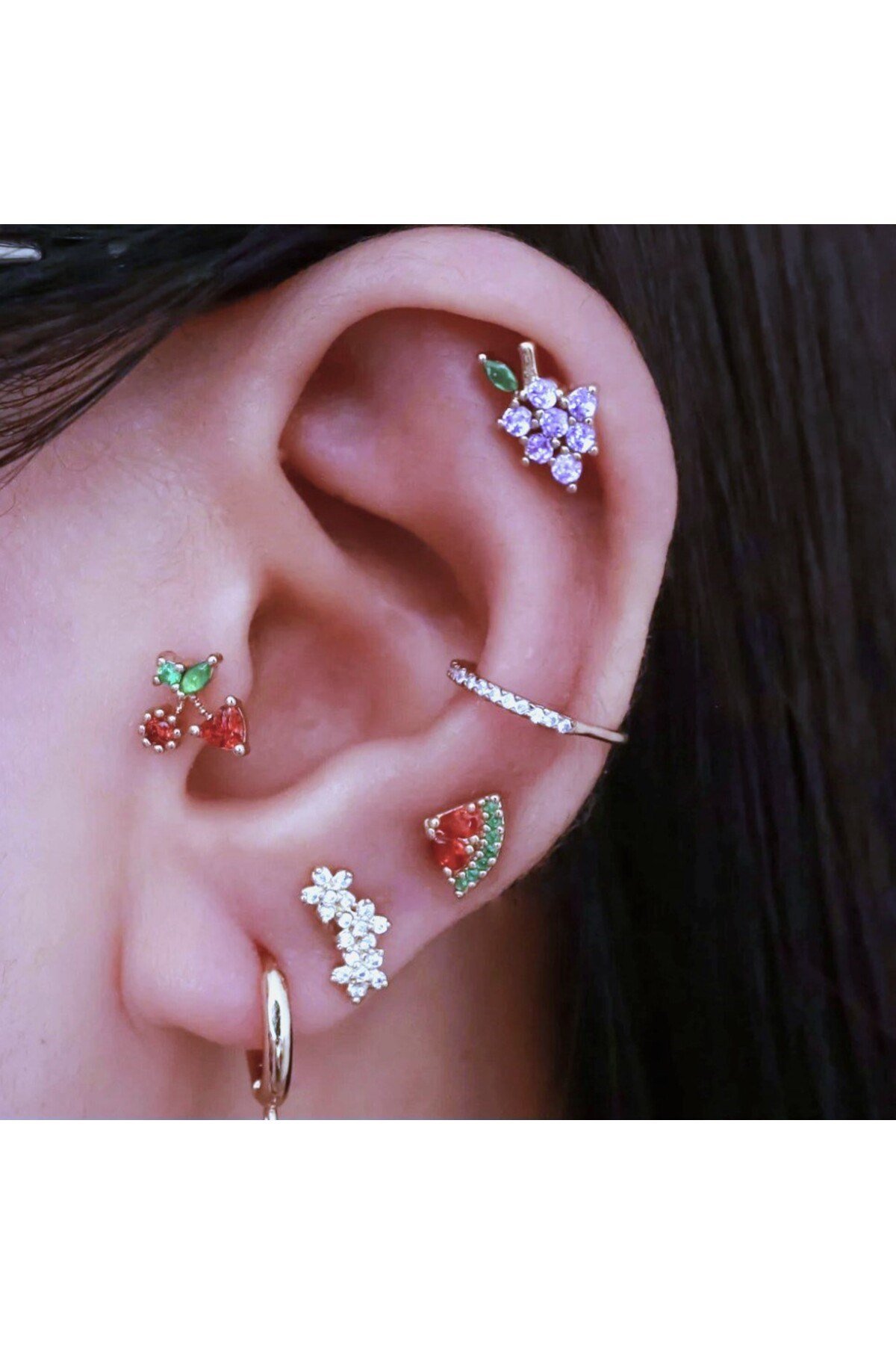 Mor Çiçekli Helix Piercing Kıkırdak Cerrahi Çelik Gümüş Renk