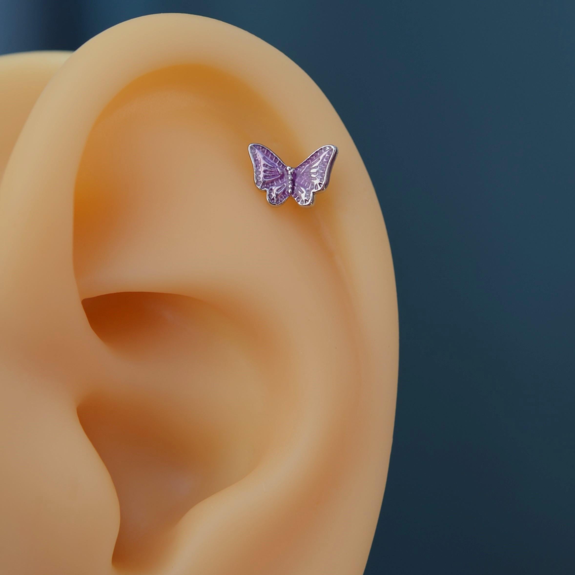 Mor Kelebekli Piercing Helix Kıkırdak Conch Lob Silver