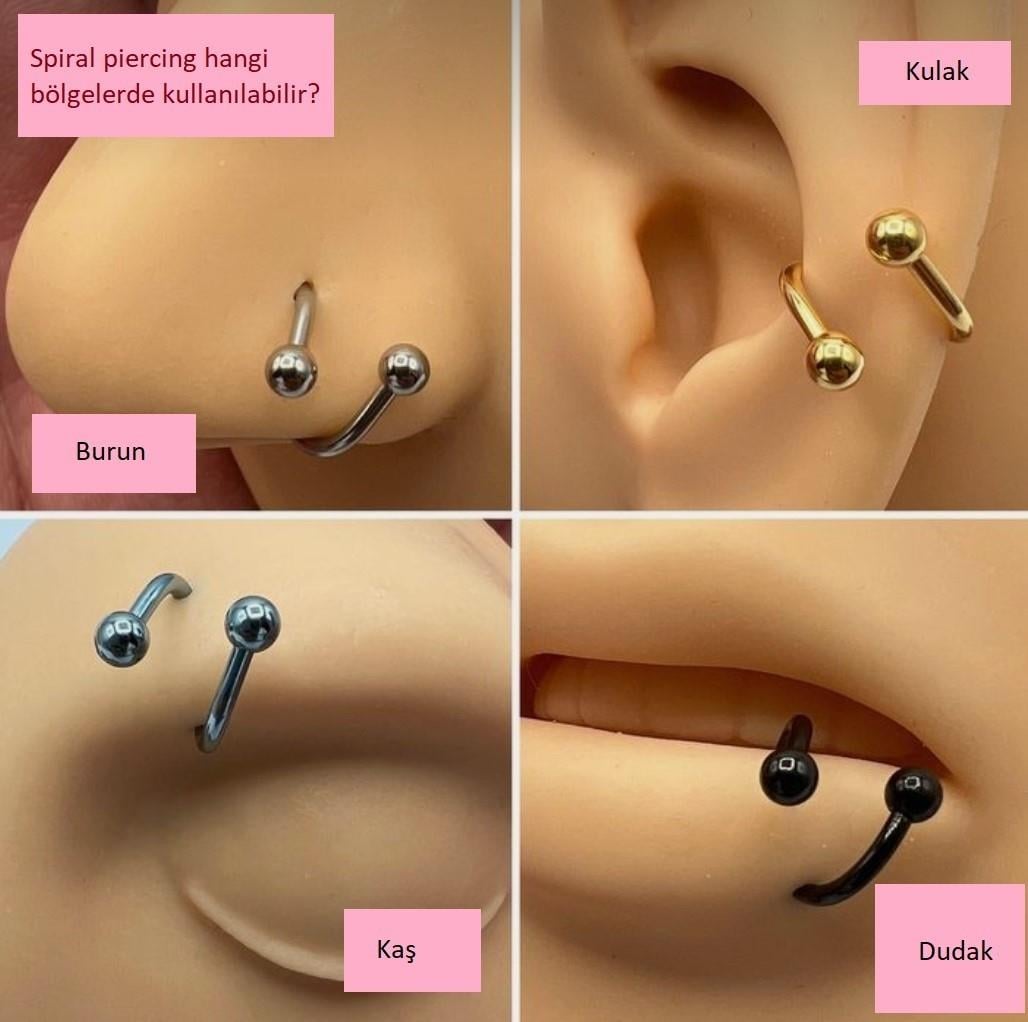 Siyah Renk Cerrahi Çelik Spiral Piercing Kulak Dudak Burun Kaş Kıvrımlı Piercing