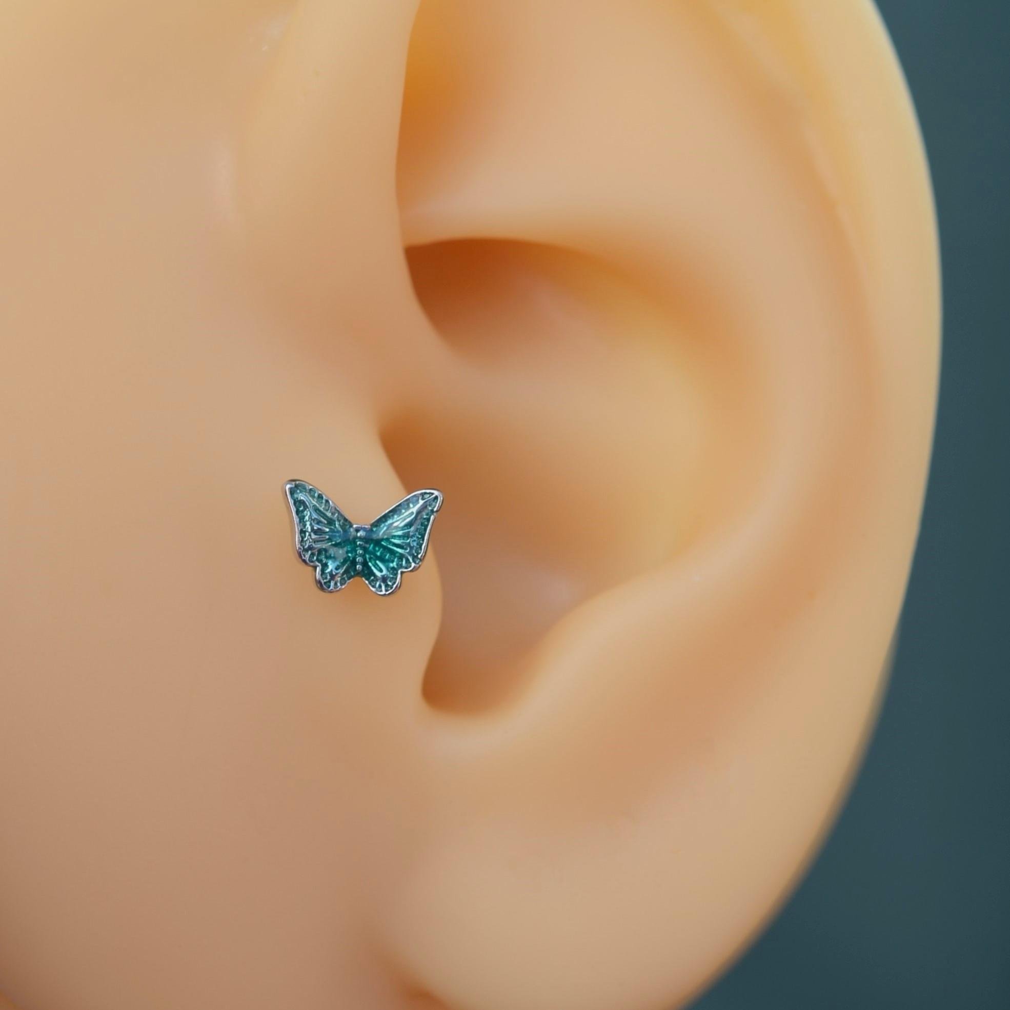 Su Yeşili Kelebekli Piercing Helix Kıkırdak Conch Lob Silver