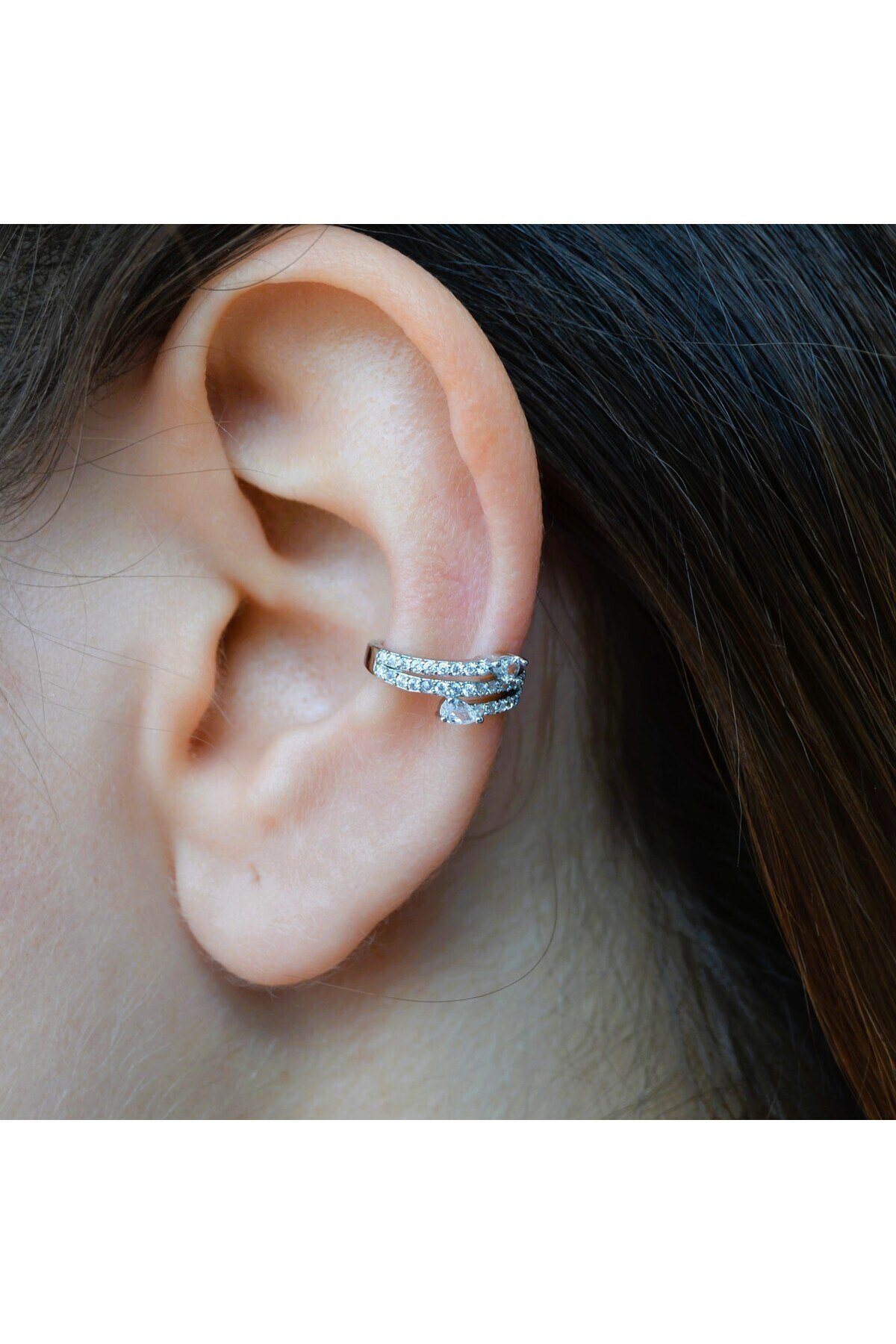 Taşlı Sıralı Earcuff İnce Taşlı Sıkıştırma Kıkırdak Küpesi Delik Gerektirmez Taşlı Minimal Yılan