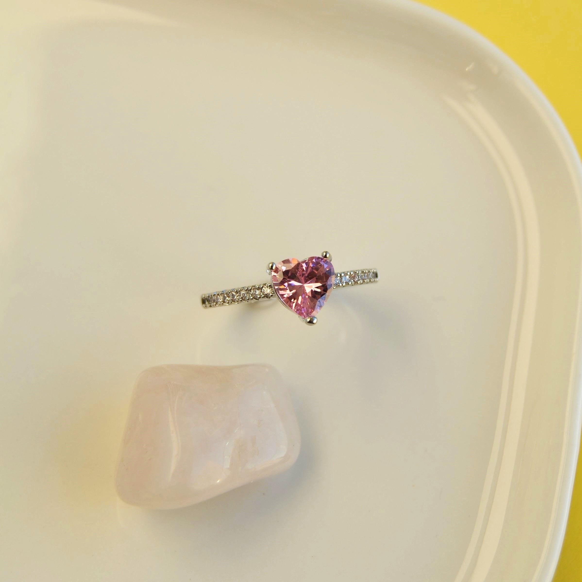 Tektaş Pembe Kalpli Yüzük Hediye Paketli Yüzük Ciddi İlişki Yüzüğü Sevgili Yüzüğü Ayarlanabilir Silver