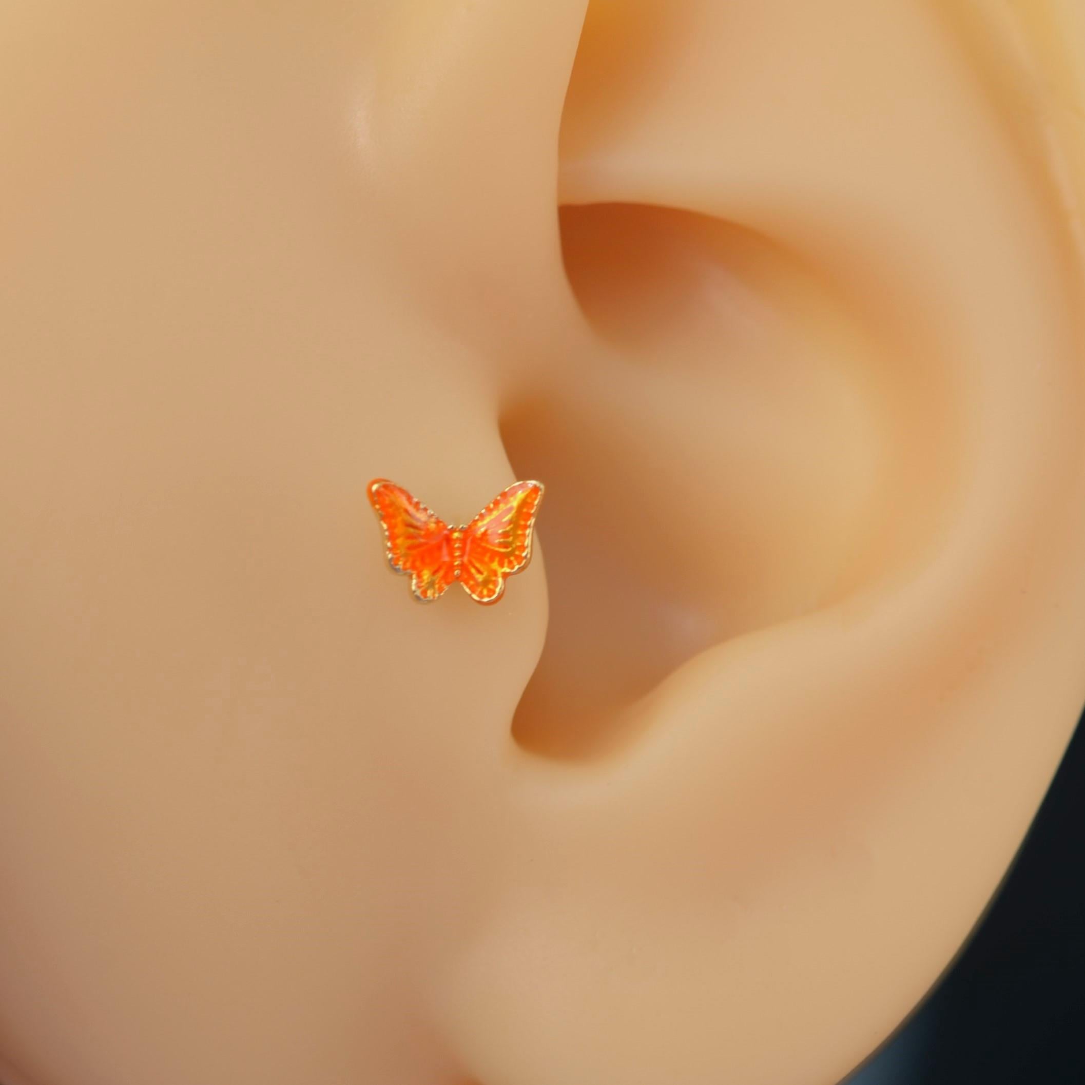 Turuncu Kelebekli Çelik Piercing Helix Kıkırdak Conch Lob Gold