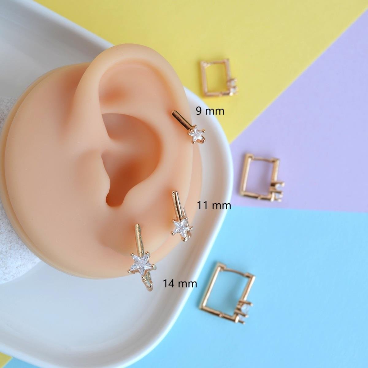 Yıldız Taşlı Kare Küpe Halka Küpe Tektaş Yıldız Detaylı 11 mm