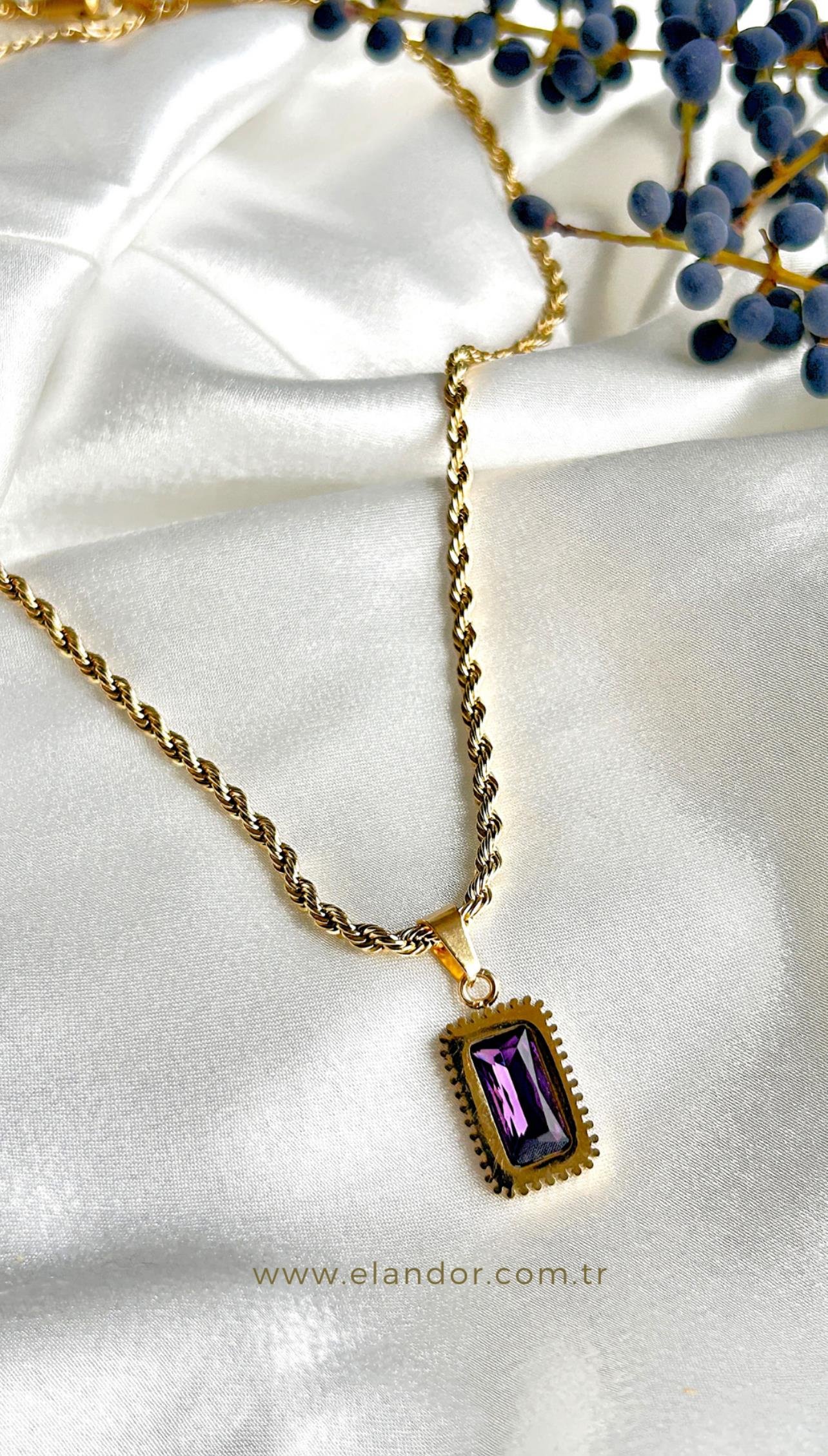 ÇELİK BURGU MOR TAŞ GOLD KOLYE