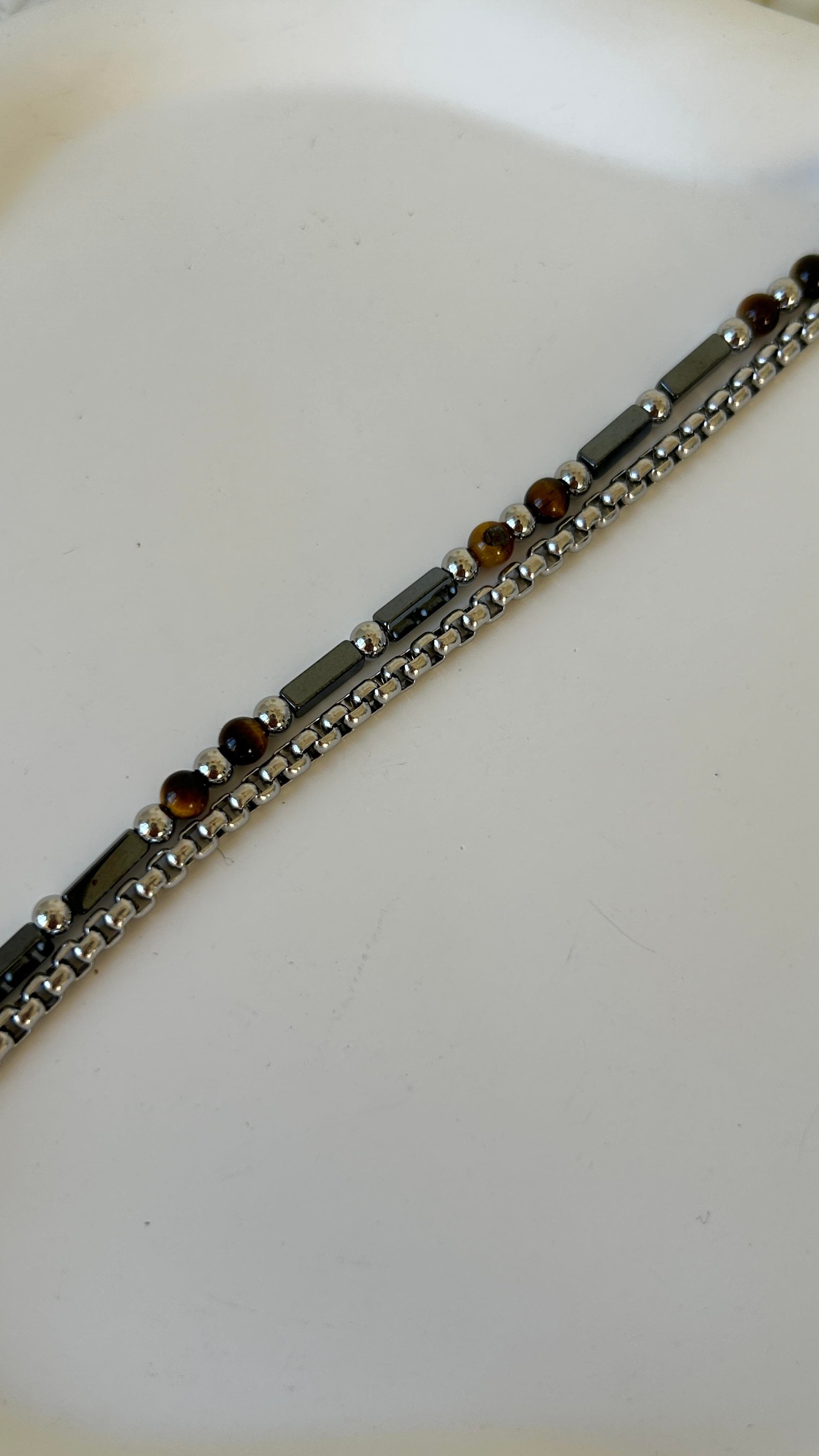 Çift Zincir Kahve Boncuk Detay Çelik Bileklik