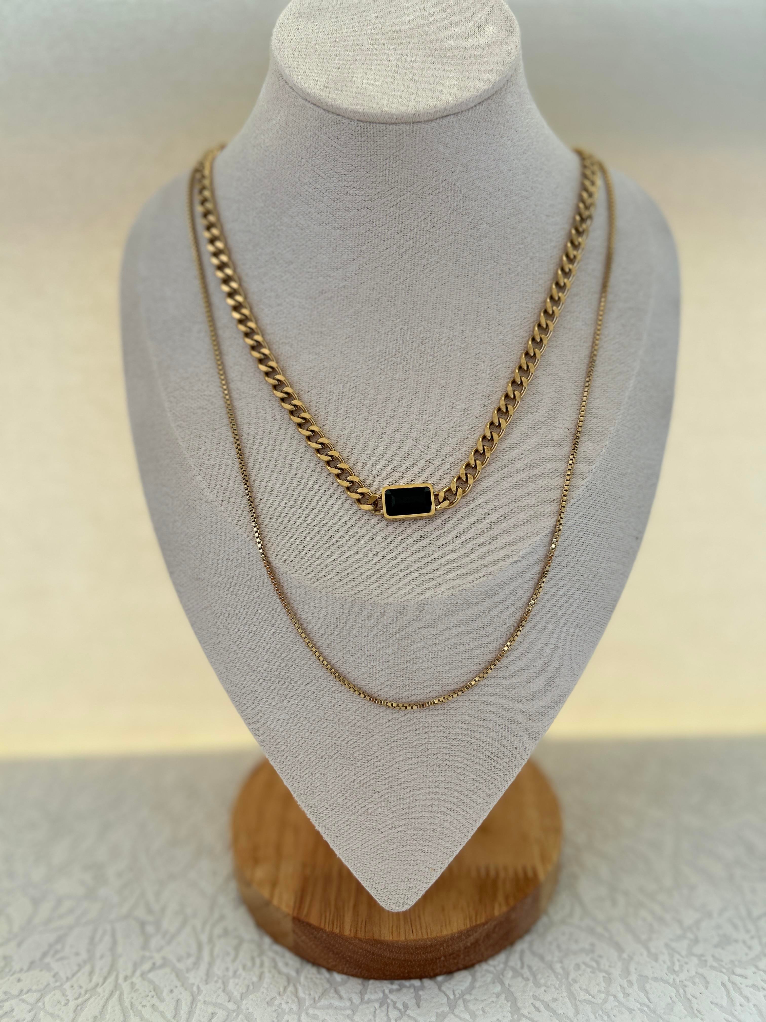 İkili Siyah Taşlı Gold Kolye