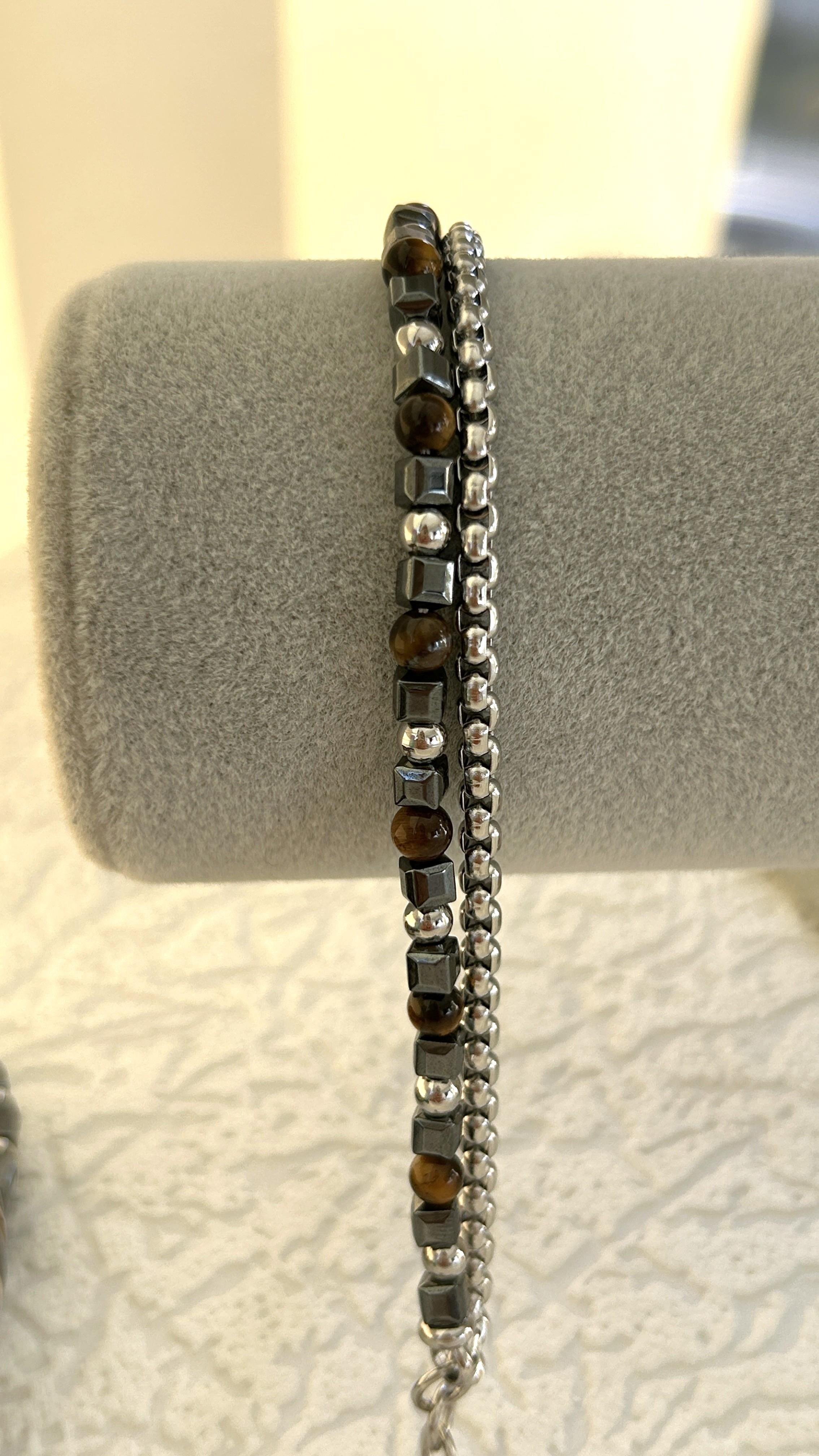 Kahve Doğaltaş Zincir İkili Bileklik