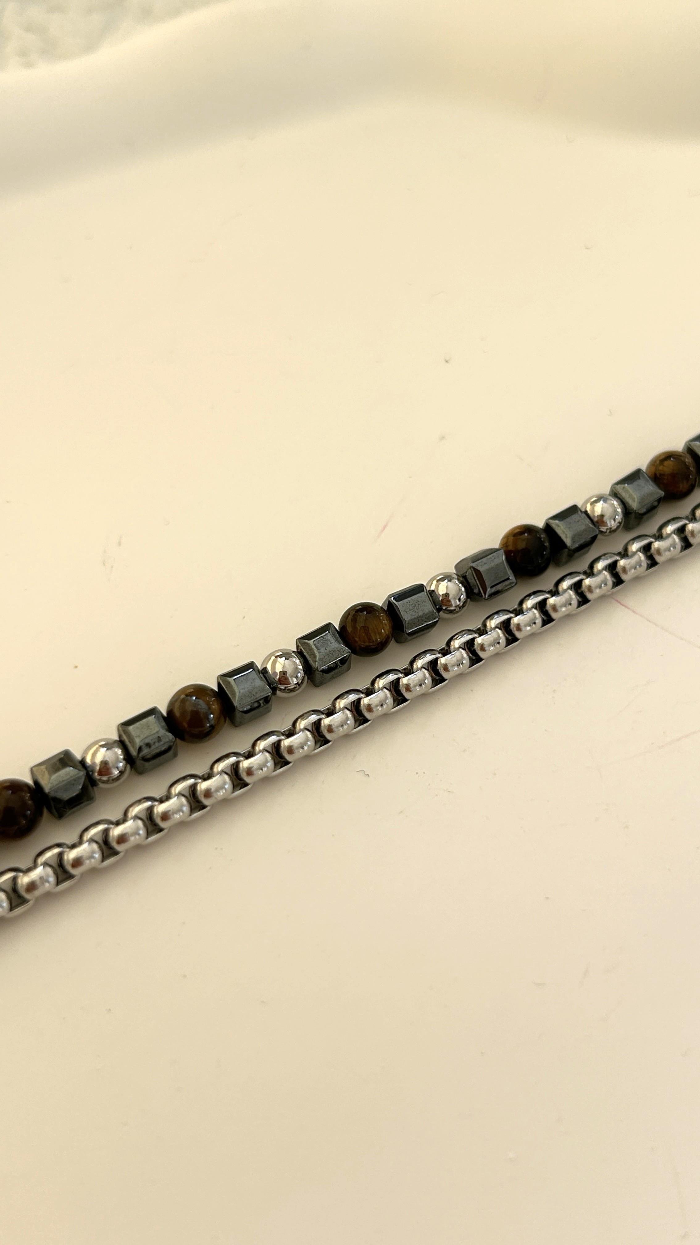 Kahve Doğaltaş Zincir İkili Bileklik