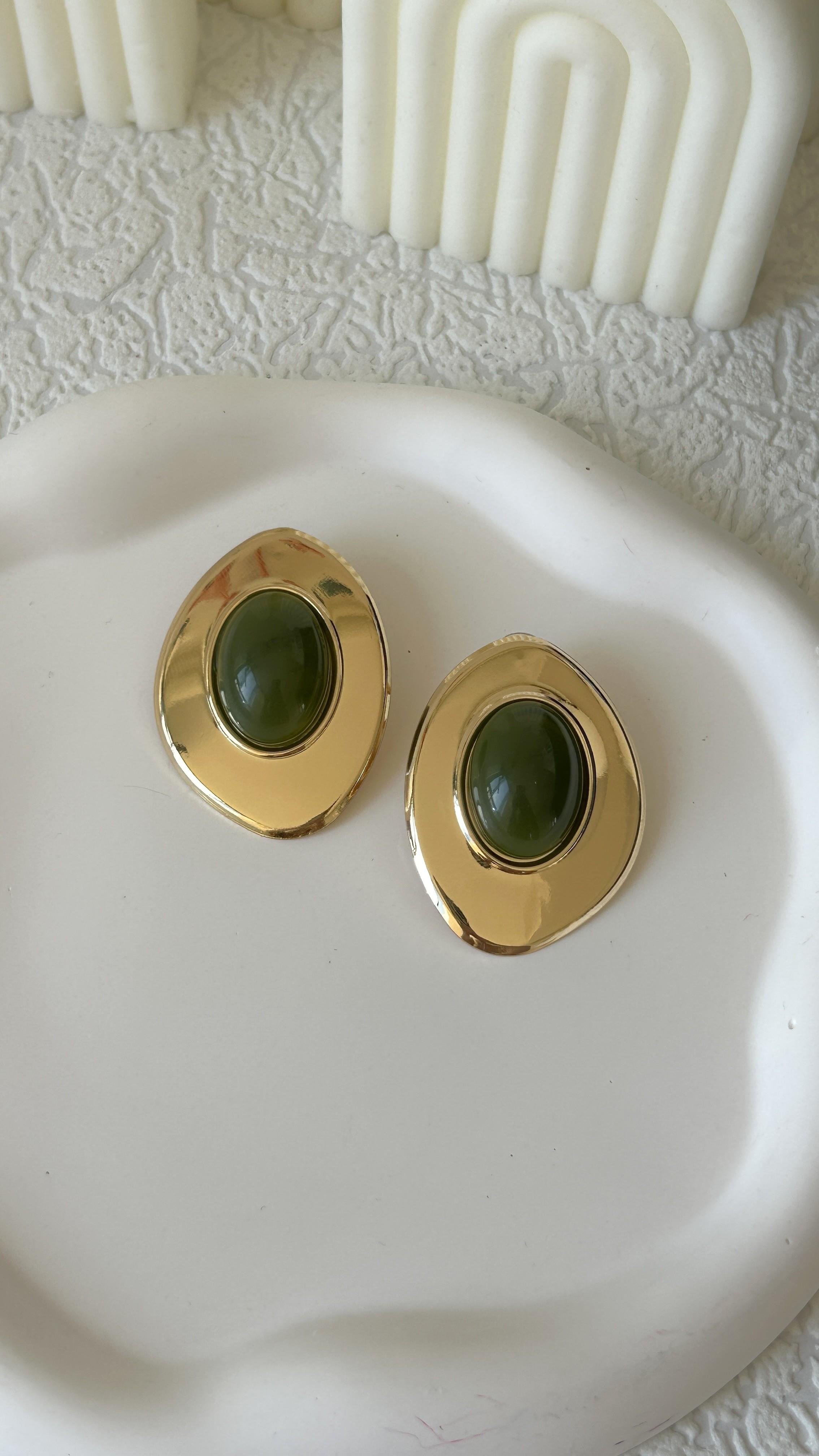 Özel Seri Yeşil-Gold Oval Küpe