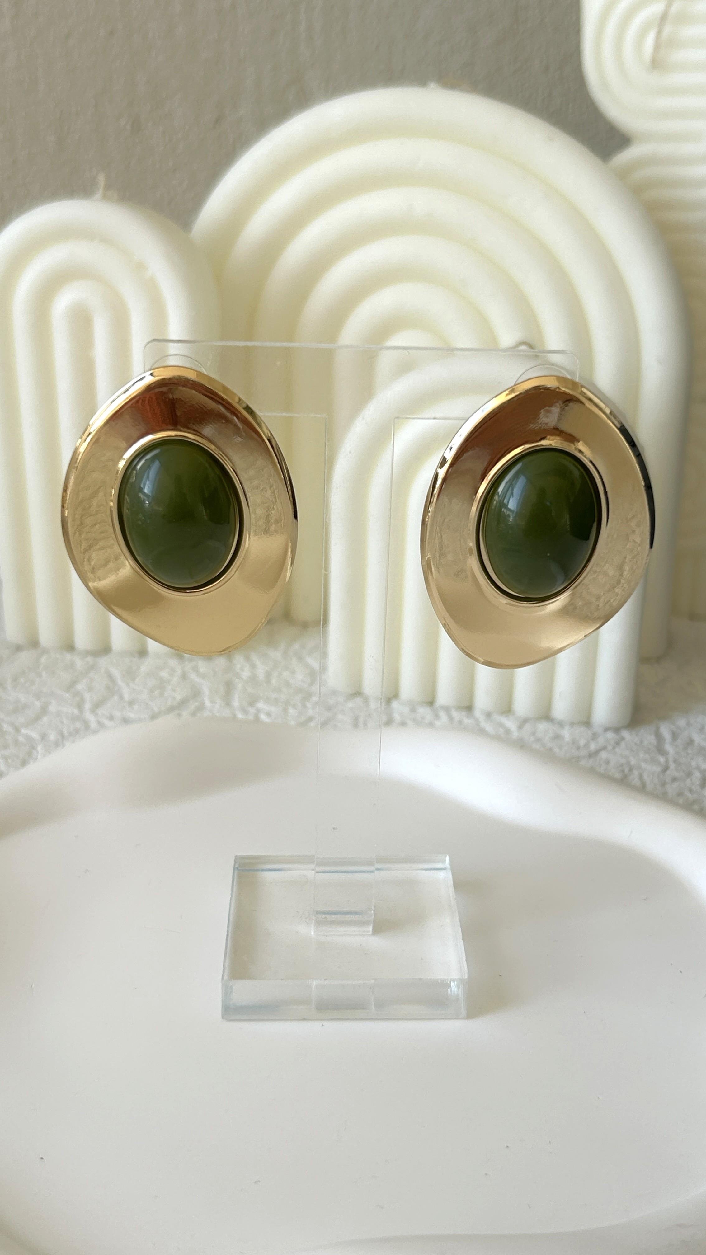 Özel Seri Yeşil-Gold Oval Küpe