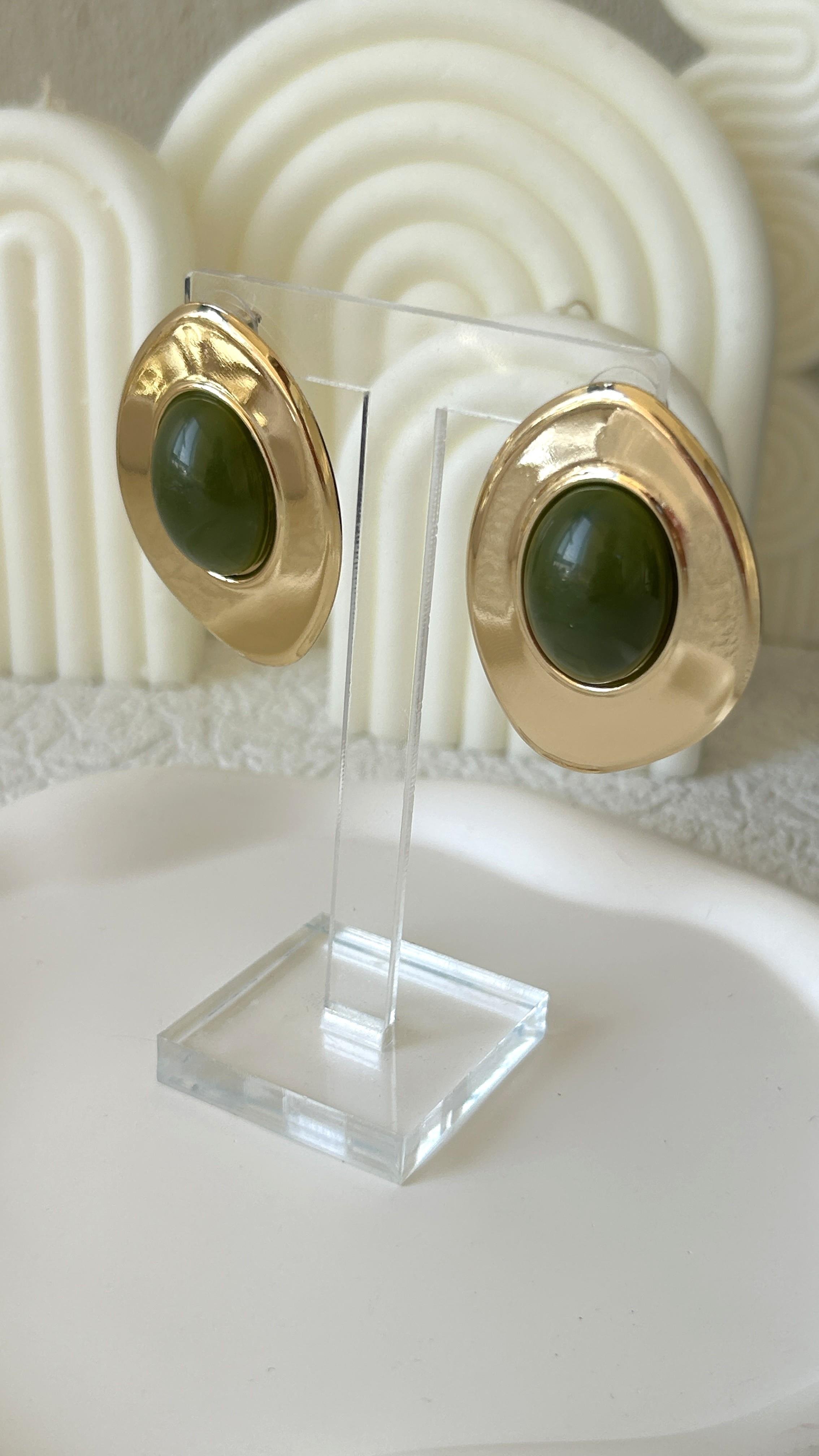 Özel Seri Yeşil-Gold Oval Küpe