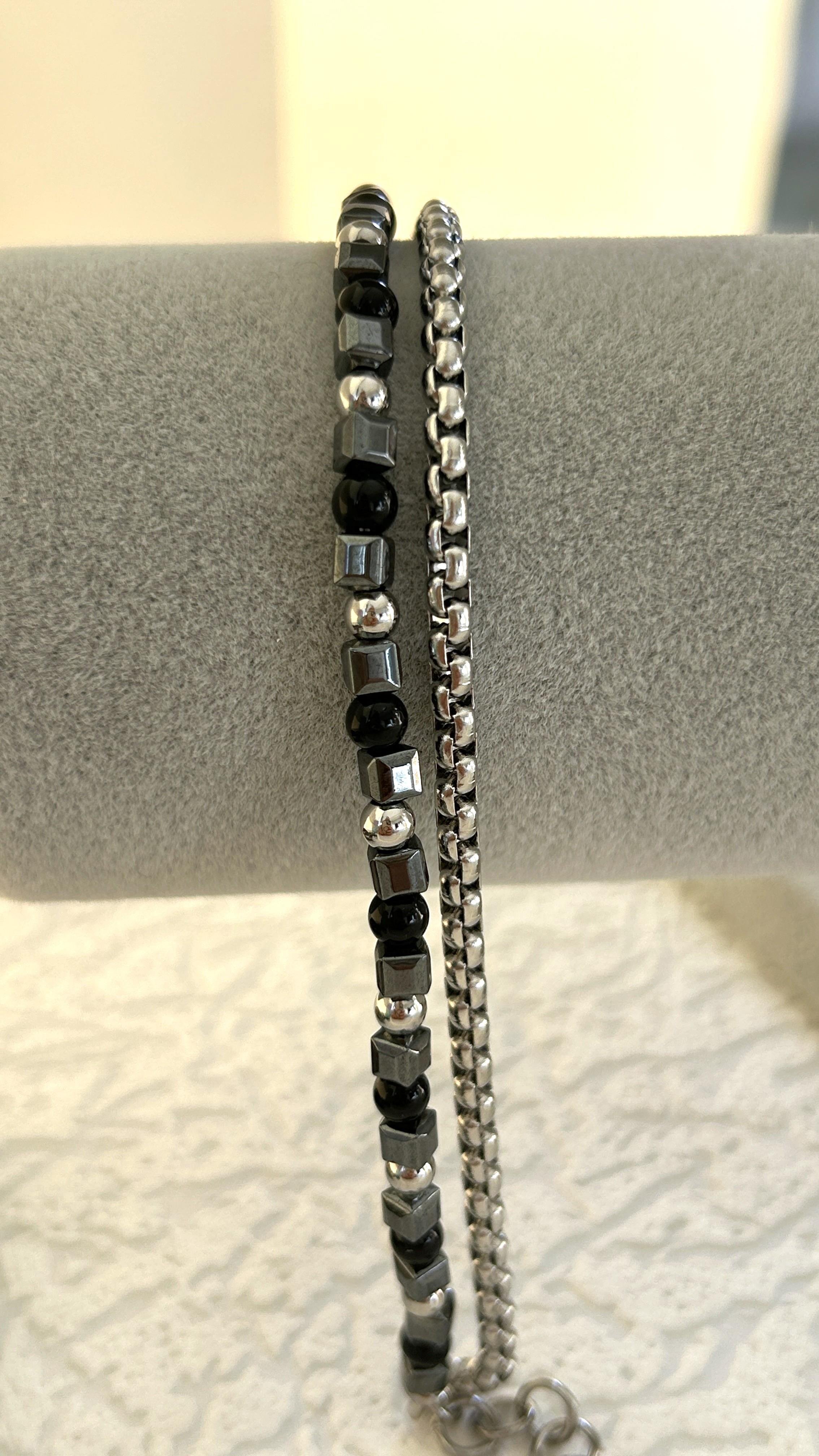 Siyah Doğaltaş Zincir İkili Bileklik