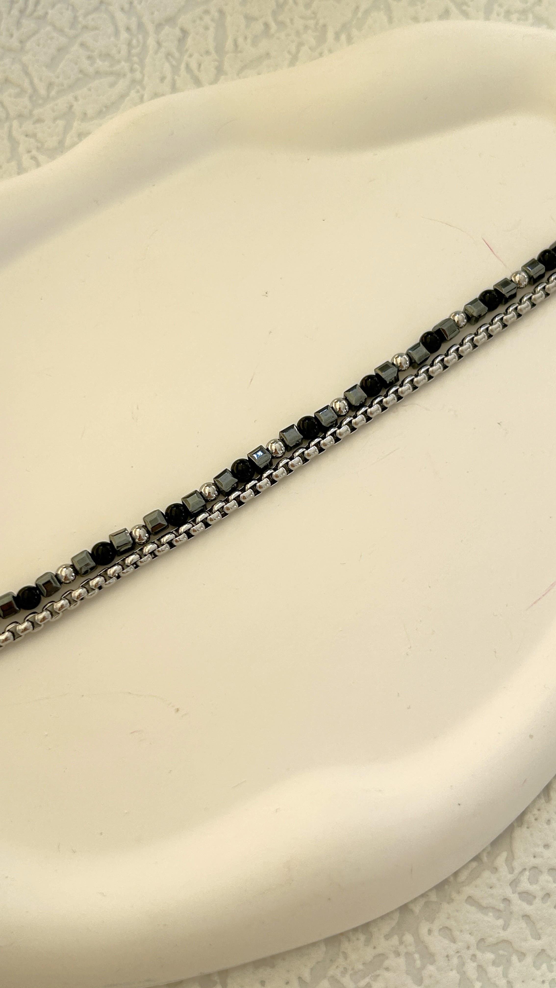 Siyah Doğaltaş Zincir İkili Bileklik