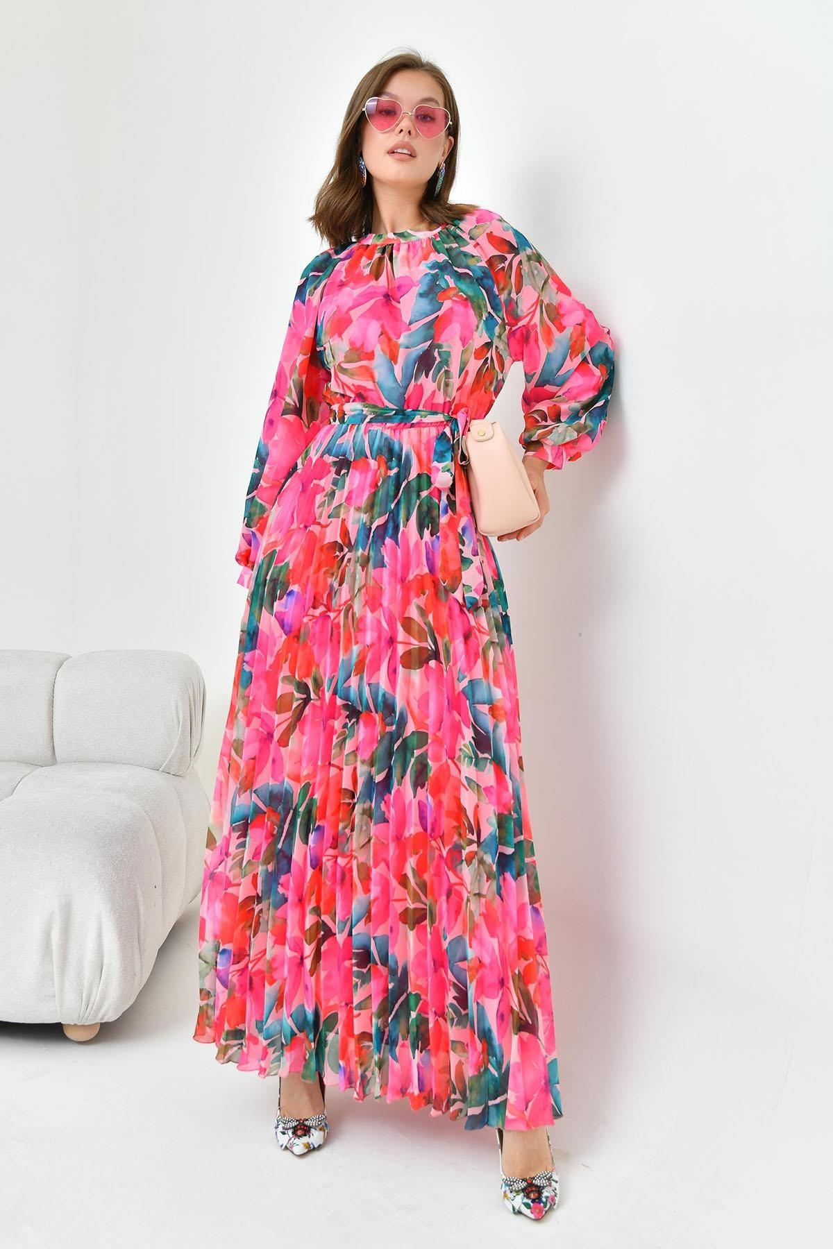 Pliseli Şifon Elbise Fuşya