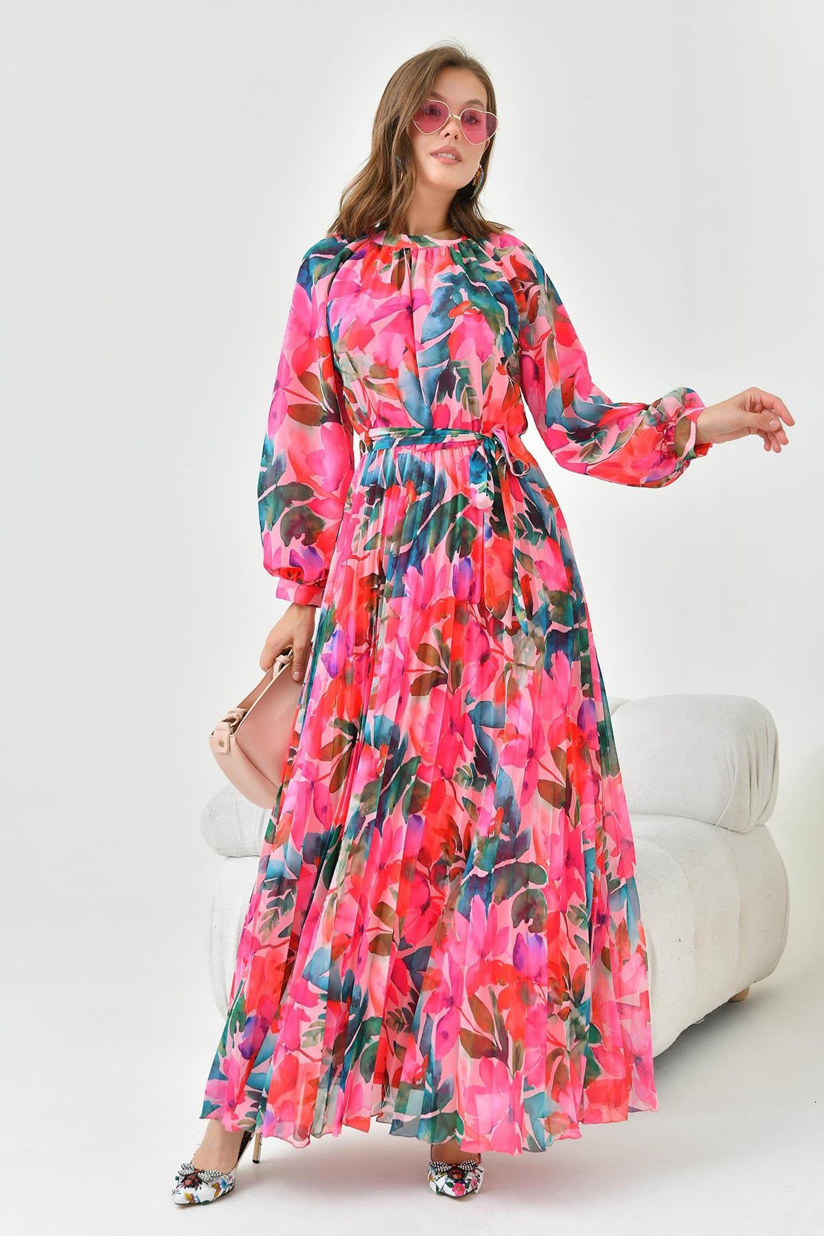 Pliseli Şifon Elbise Fuşya