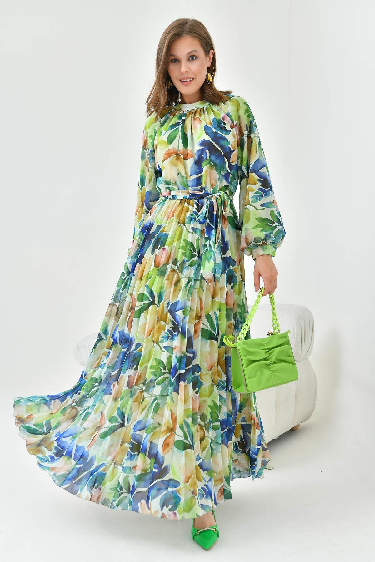 Pliseli Şifon Elbise Sax