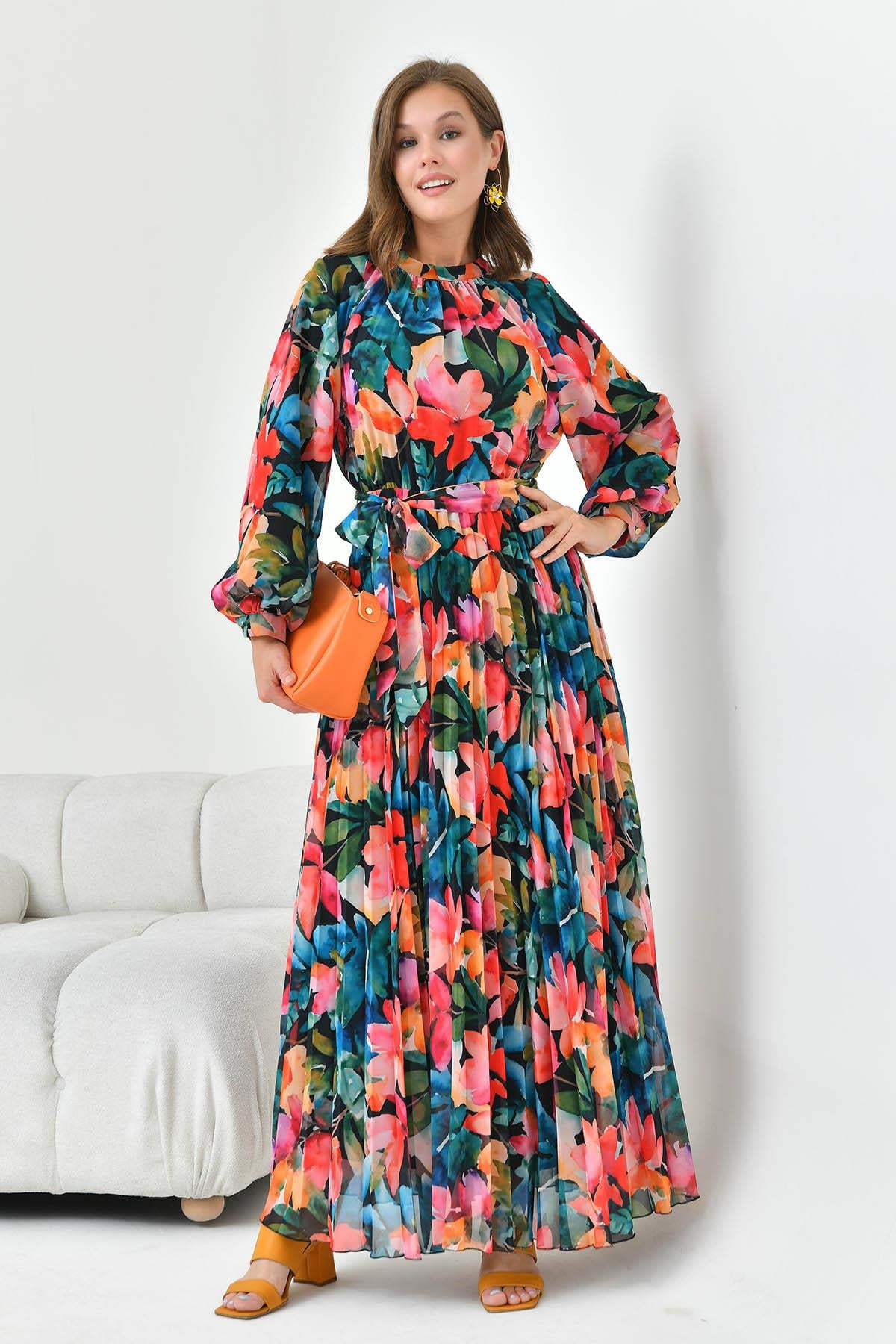 Pliseli Şifon Elbise Siyah