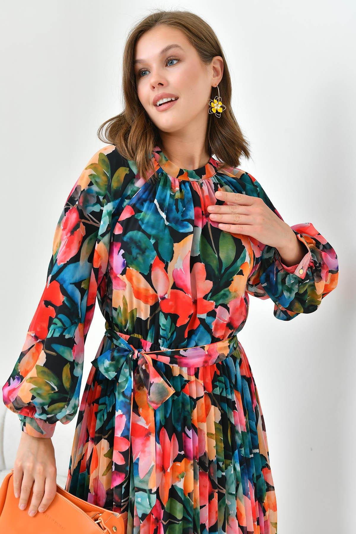 Pliseli Şifon Elbise Siyah