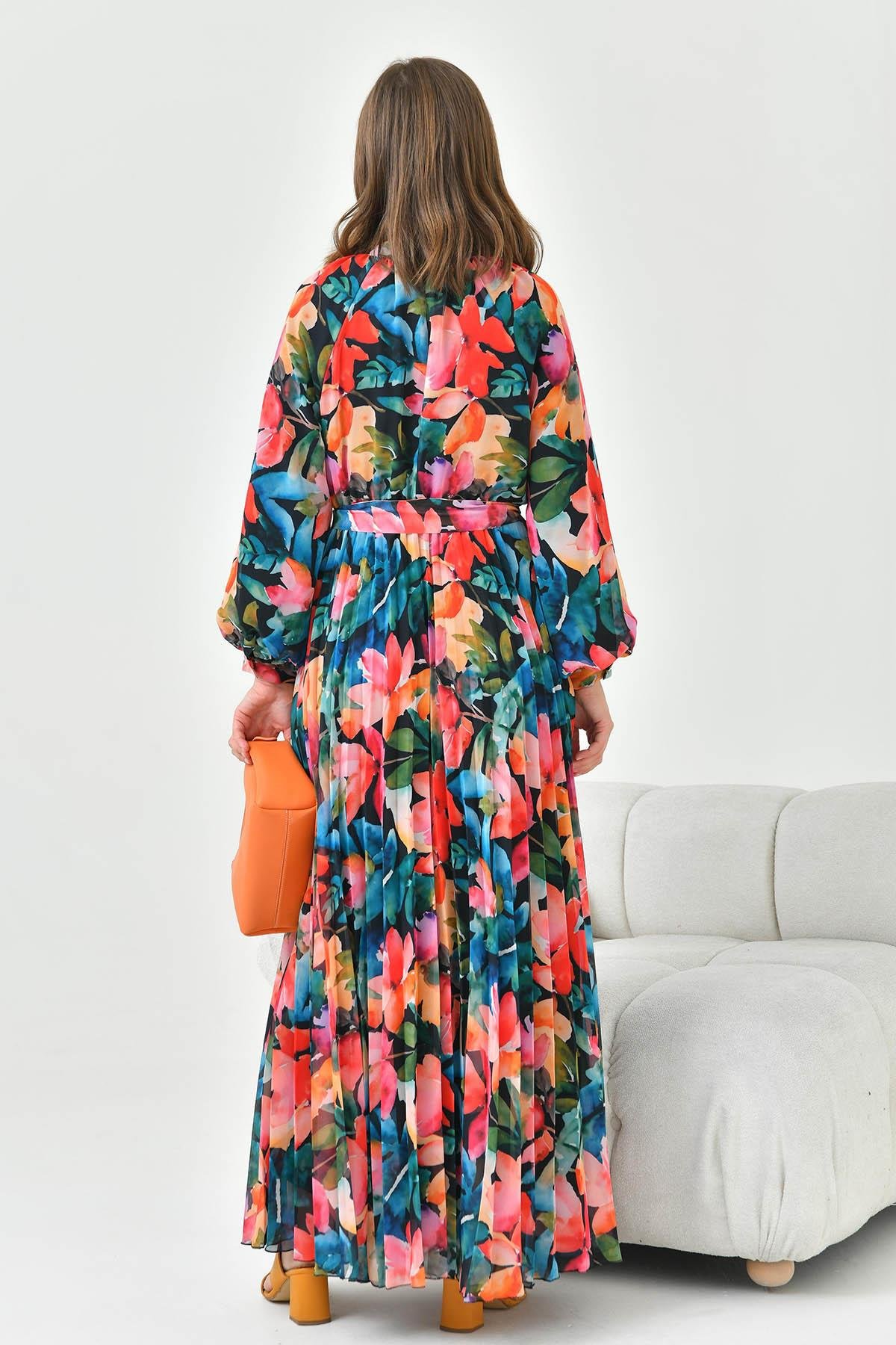 Pliseli Şifon Elbise Siyah