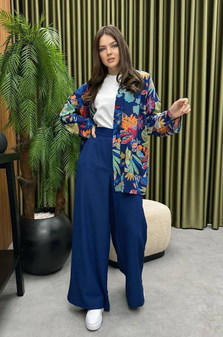 Polen2760 Çiçekli Kimono Takım Lacivert
