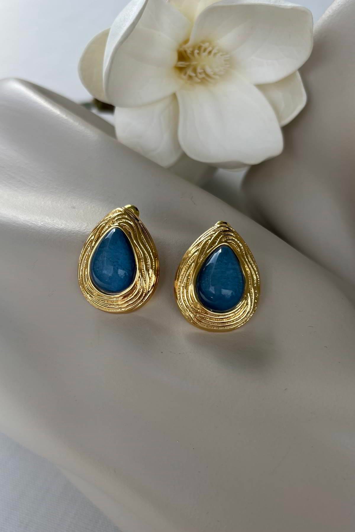 Çelik Gold Mavi Taşlı Küpe