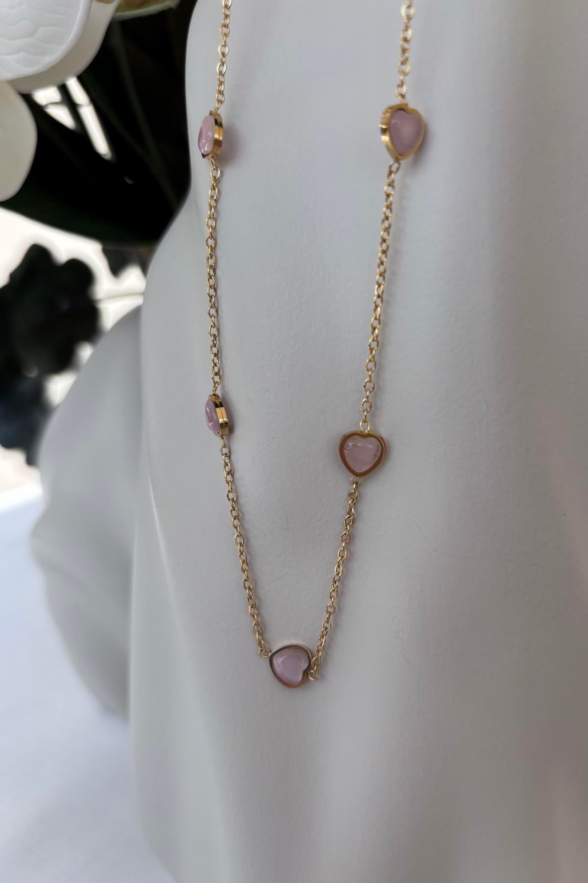 Çelik Gold Pembe Kalp Kolye