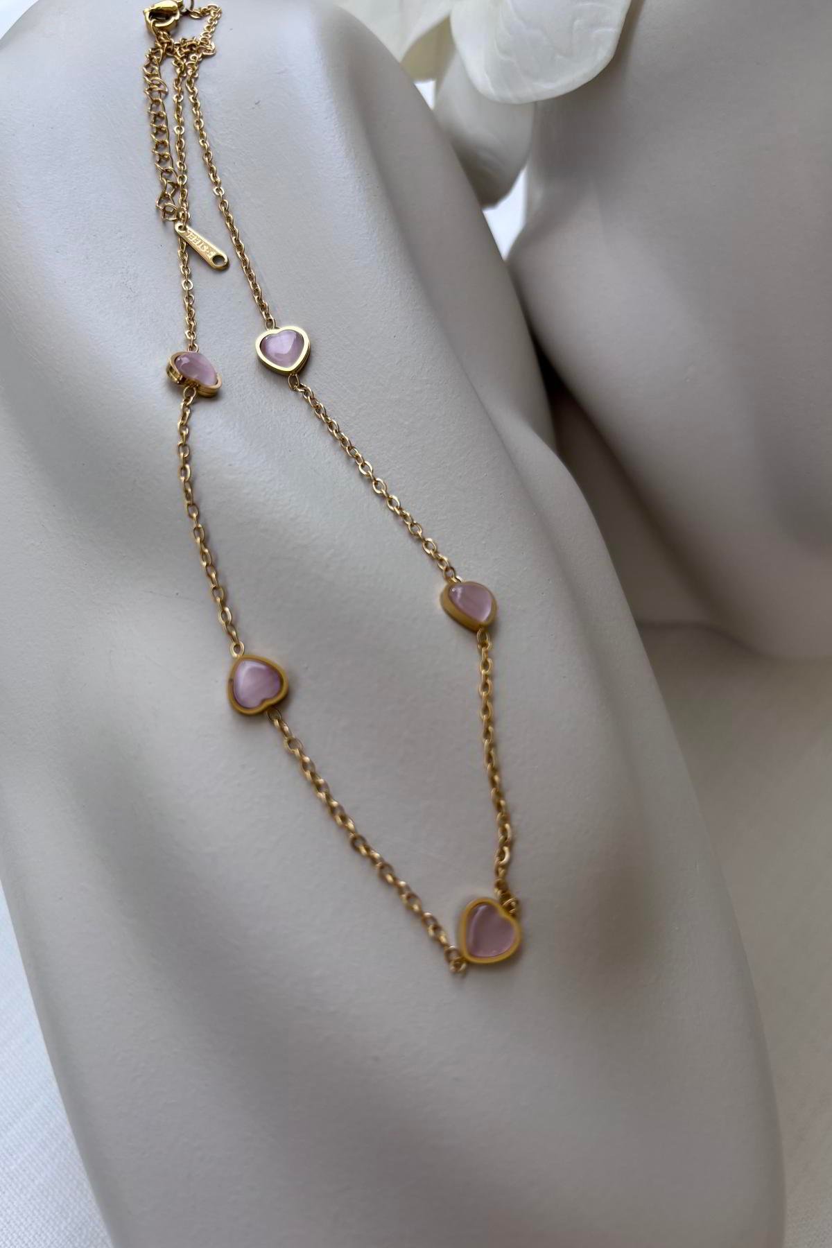 Çelik Gold Pembe Kalp Kolye
